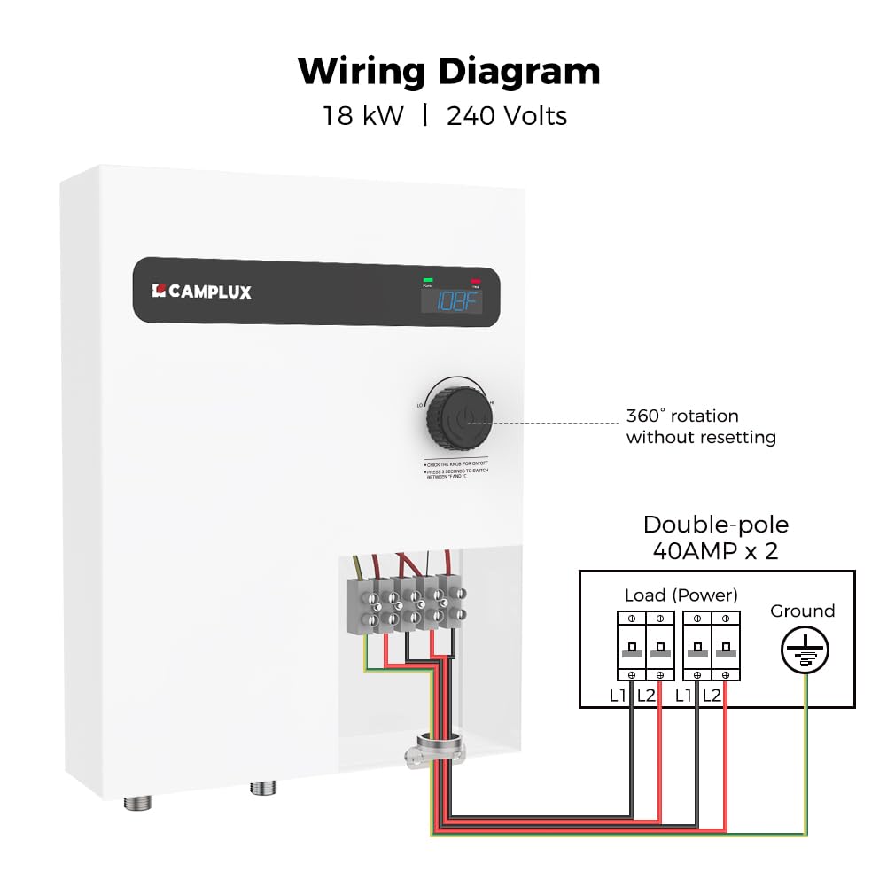 CAMPLUX Tankless Electric Water Heater 18kW, On Demand Hot Water Heater Electric with Digital Display 240V for Whole House Shower, White