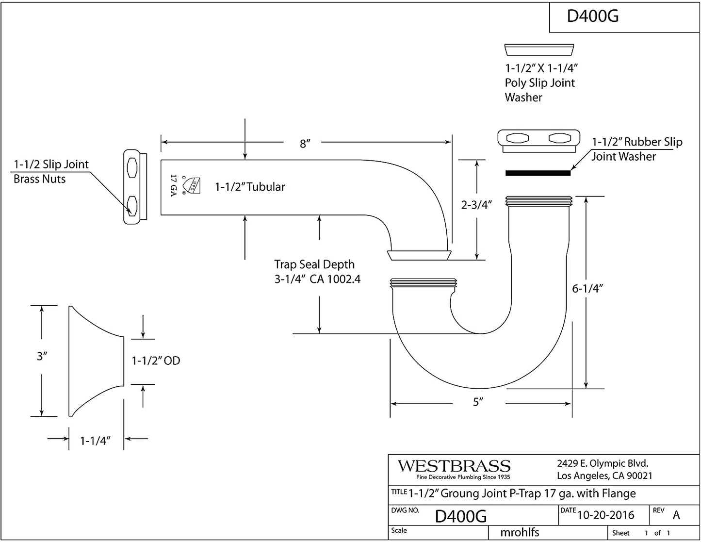 Westbrass D400G-30-RAW 1-1/2" 17 ga. Tubular Ground Joint P-Trap with Bell Flange, Unfinished (30-Pack)