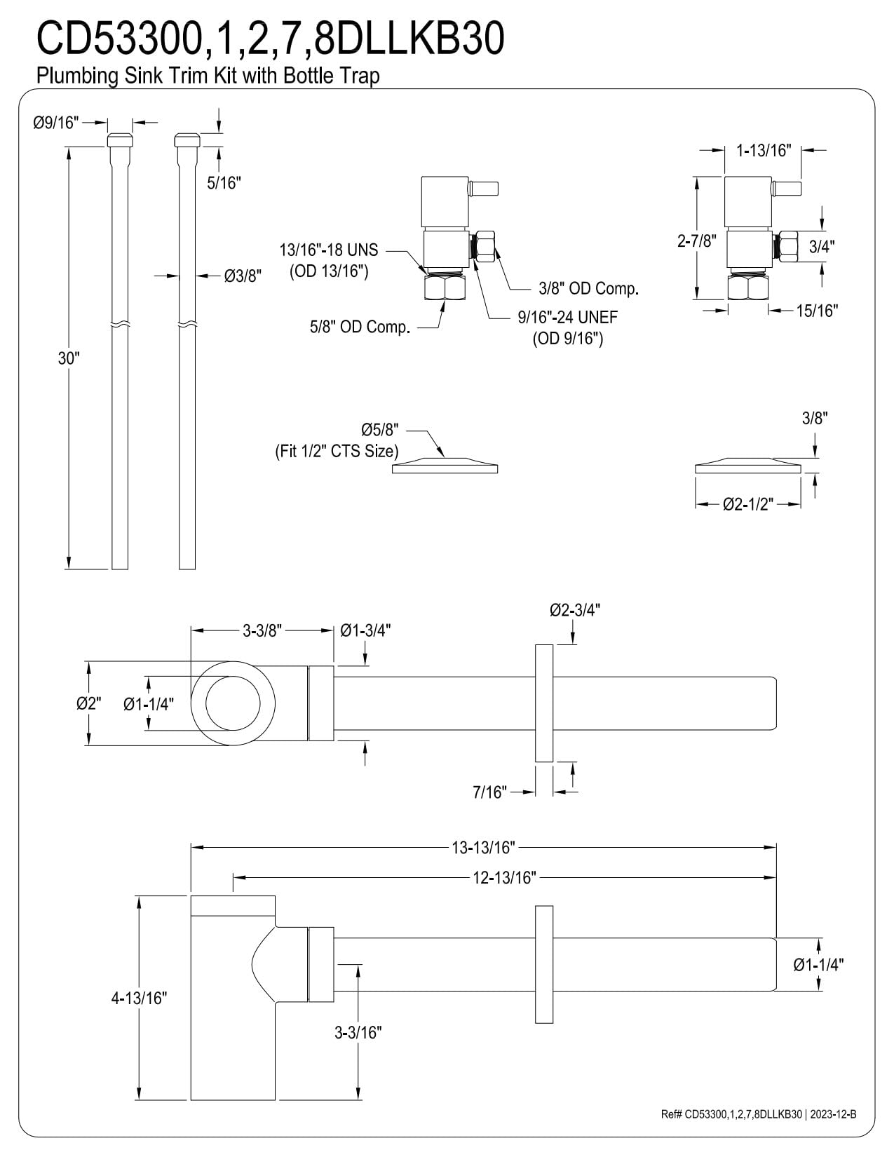 Kingston Brass CD53308DLLKB30 Trimscape Modern Plumbing Sink Trim Kit with Bottle Trap in Brushed Nickel