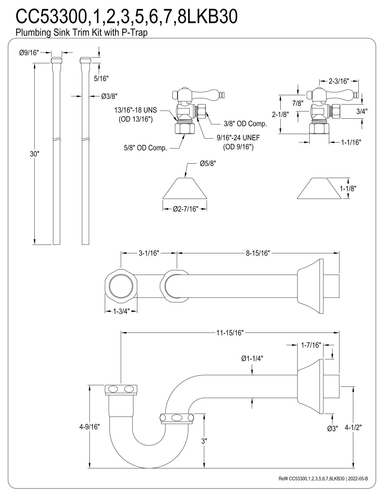 Kingston Brass CC53301LKB30 Trimscape Traditional Plumbing Sink Trim Kit with P-Trap in Polished Chrome