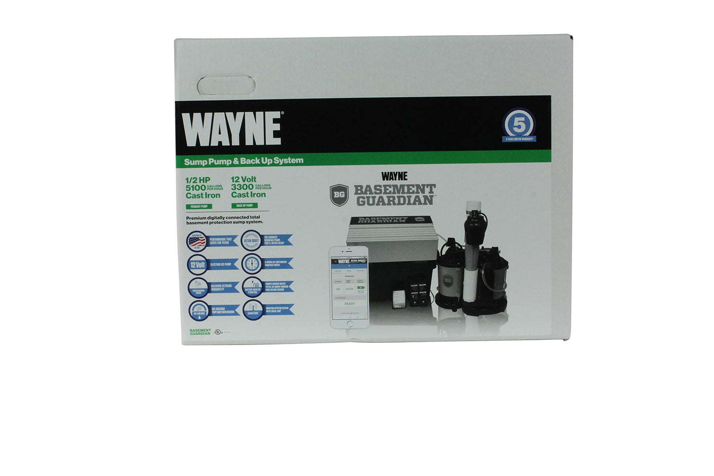 WAYNE BGSP50 1/2 HP Basement Guardian Dual Sump Pump System – Primary & Battery Backup Ready, Smart Monitoring, 5,100 GPH, Cast Iron, 5-Year Warranty