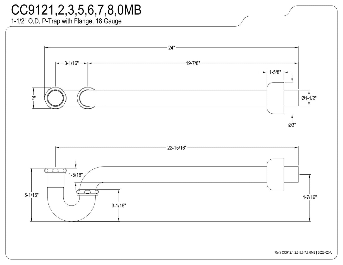 Kingston Brass CC9127 1-1/2" P-Trap with Box Flange, 24" Length, 18 Gauge, Brushed Brass