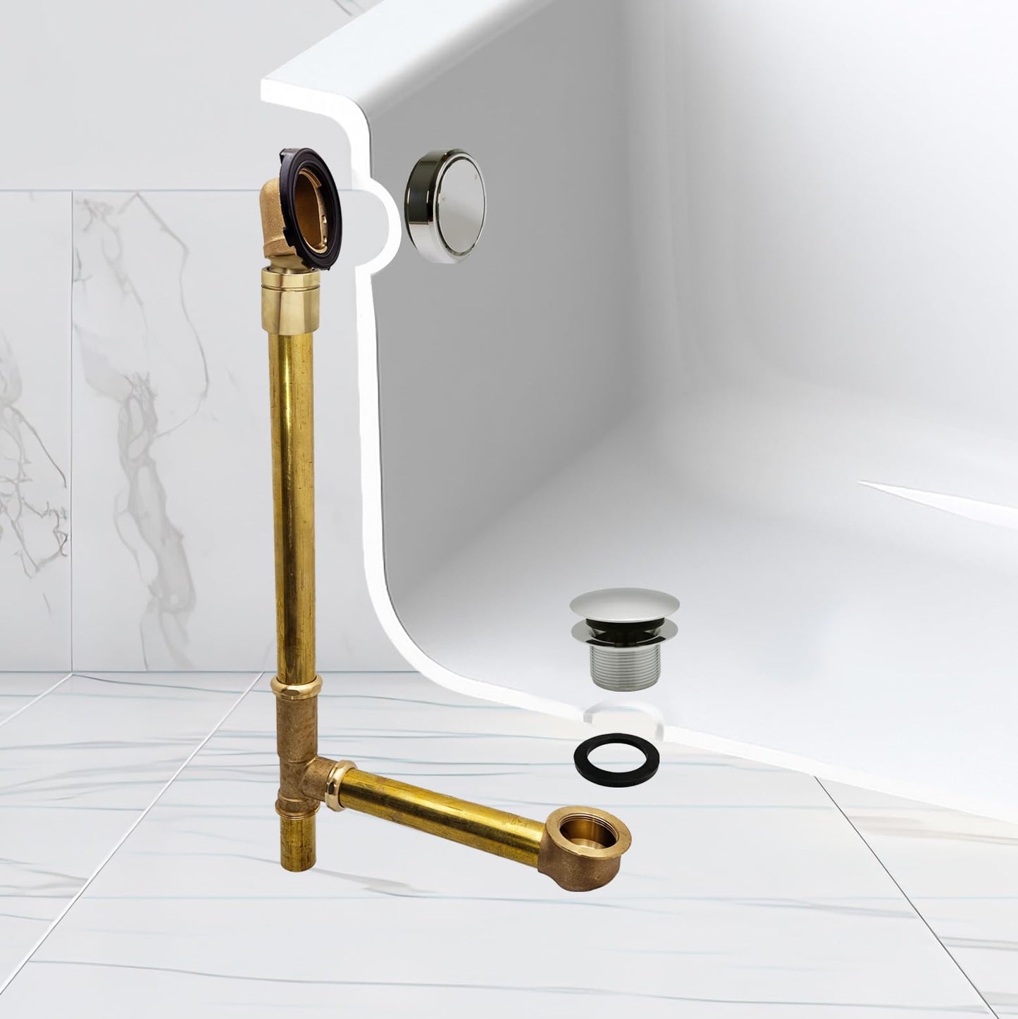 Westbrass 7931817BJCHM-05 25" Ball Joint Bath Waste & Overflow Assembly with Patented Deep Soak Faceplate and Tip-Toe Drain - 17 gauge Brass, Polished Nickel