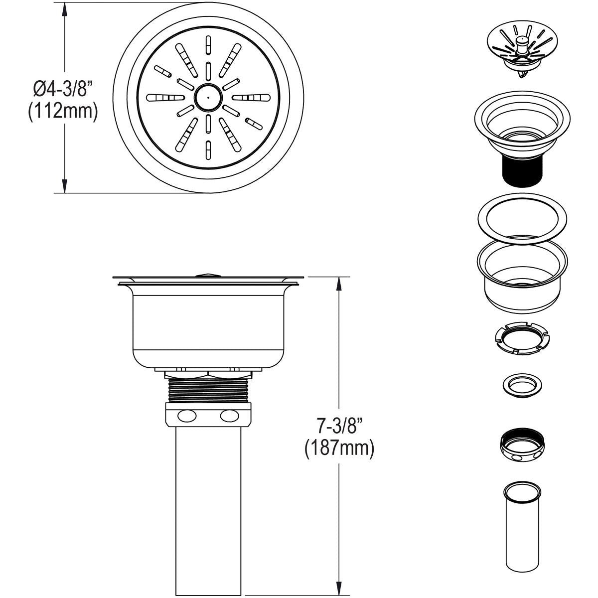 Elkay LK335 3-1/2" Drain Fitting with Type 316 Stainless Steel Body, Strainer Basket with Rubber Seal, and Tailpiece