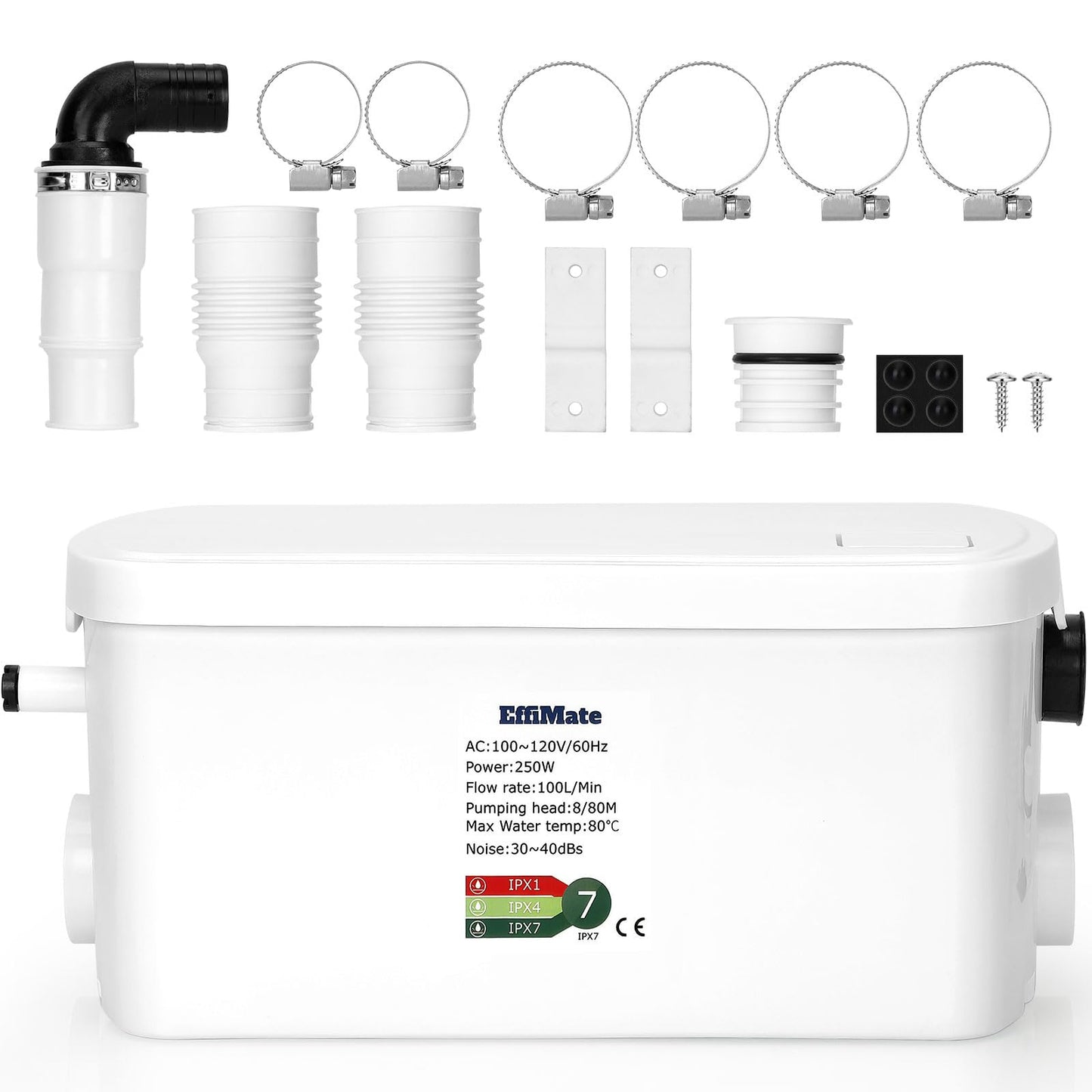 EffiMate Macerator Pump, Silent 250W Sewage Sump Pump, 6000 L/h Flow, Upflush 26.3ft Head, IPX7, Utility Sink with 2 Inlets for Wastewater Disposal in Basement Shower Bathtub Laundry Kitchen RVs