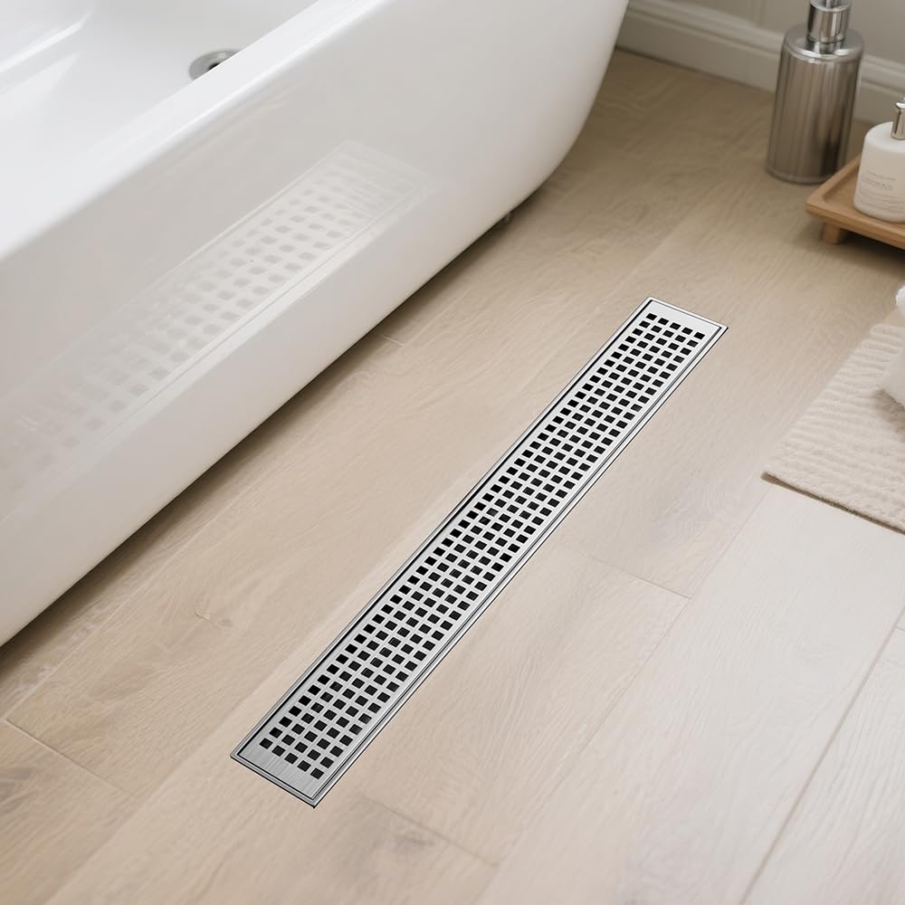 LISEEGO Linear Shower Drain 60 Inch, Brushed AISI 304 Stainless Steel Shower Drain with Square Hole Panel, for Bathroom, Kitchen, Garage & More