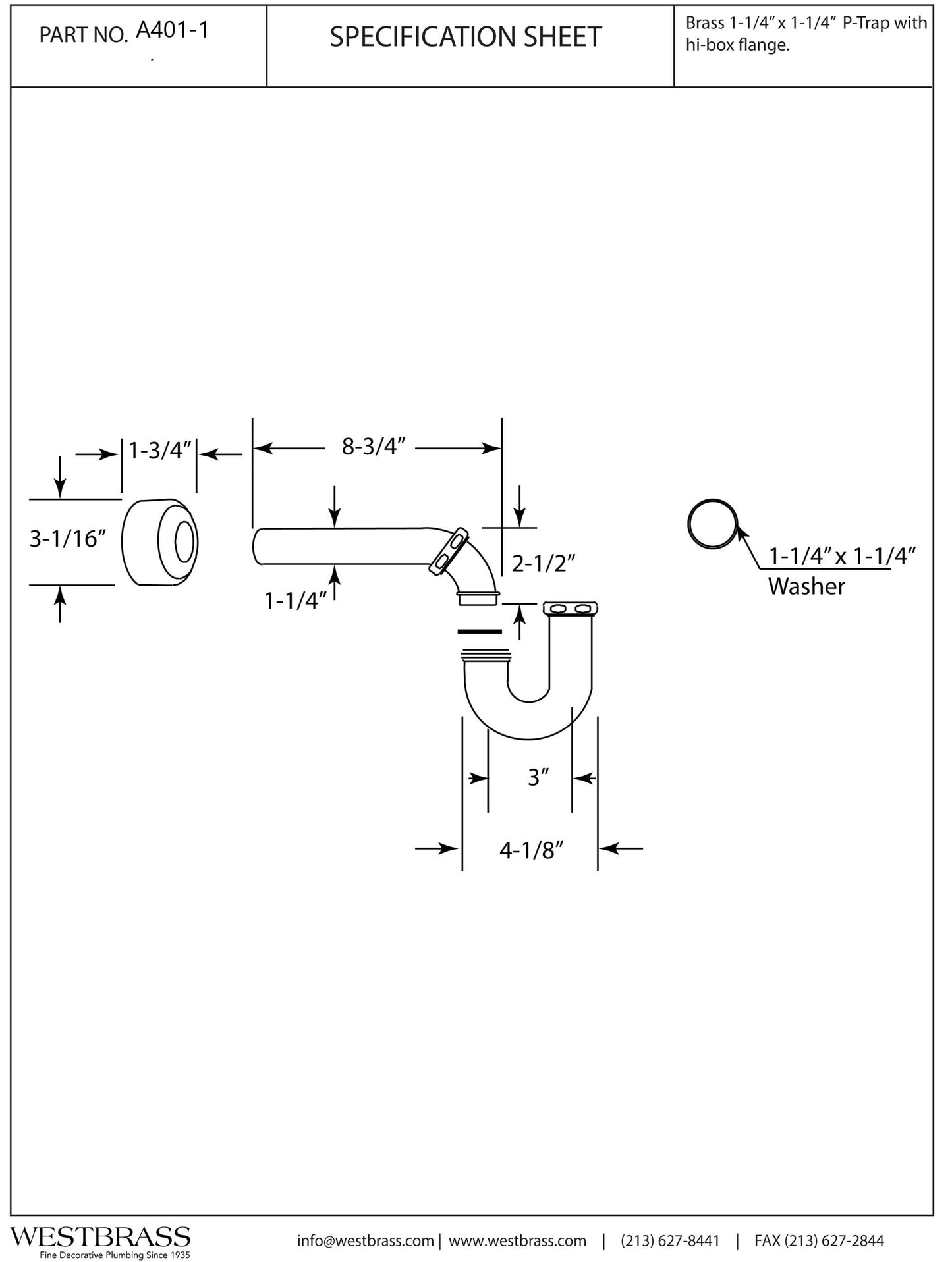 Westbrass A401-1-07 1-1/4" x 1-1/4" P-Trap with High Box Flange, Satin Nickel