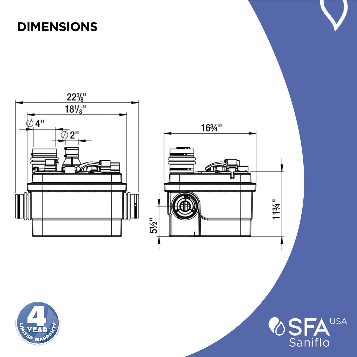 SFA SANIFLO - Sanicubic 1 - Heavy Duty Above Ground Sewage Pump - Grinder - Discharge Up to 50GPM - 120V - Certified CSA (IPC, NSPC), IAPMO (UPC) - 4 Years Warranty - Made In France