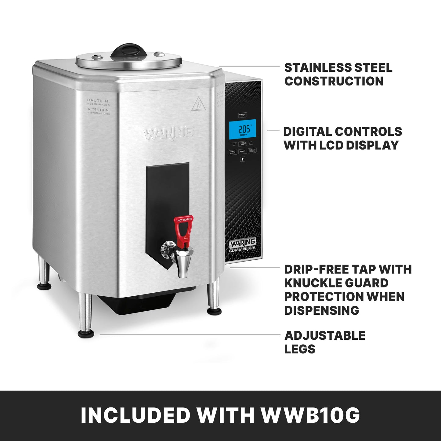 Waring Commercial WWB10G 10 Gallon Hot Water Dispenser, 120V, 1800W, 5-15 Phase Plug