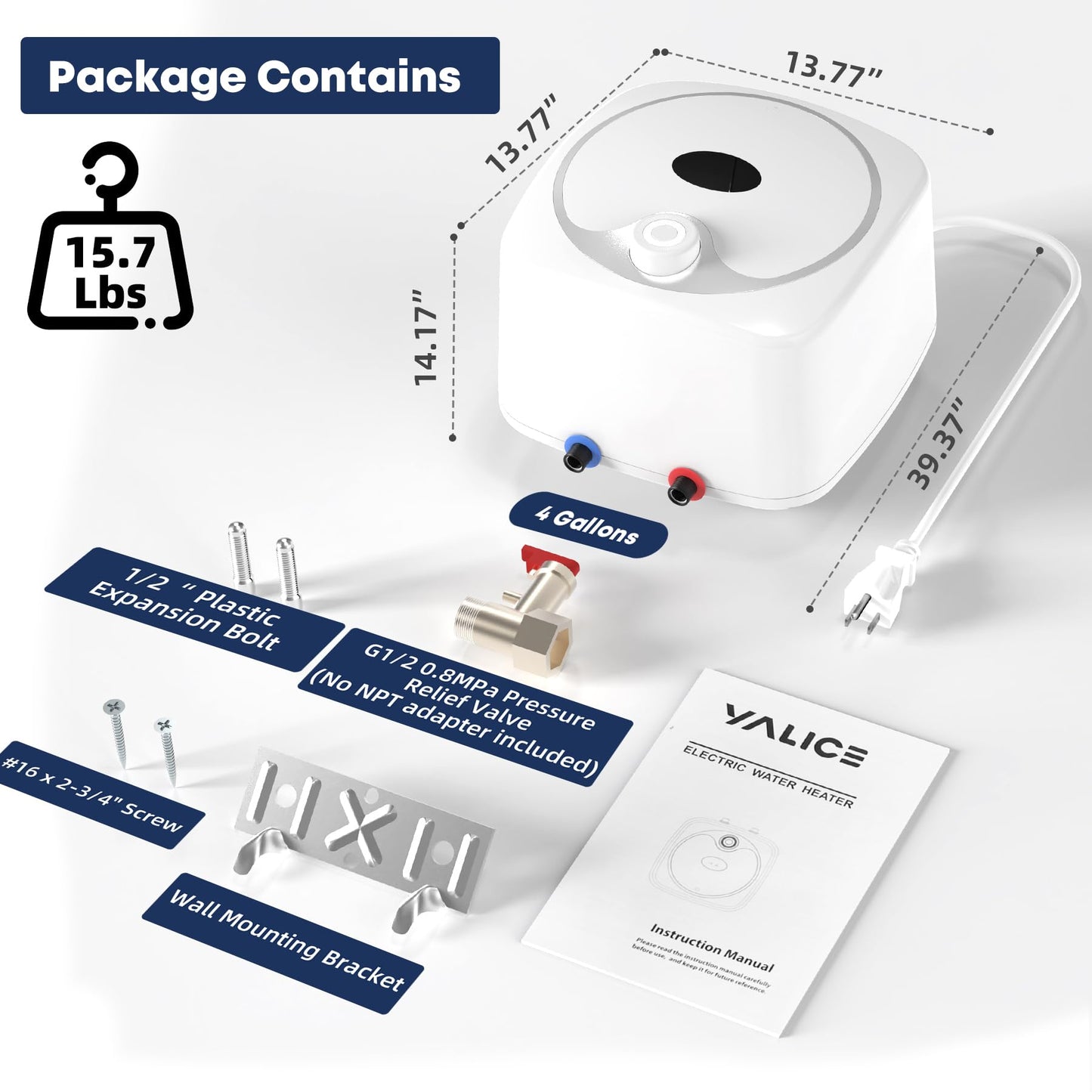 YALICE Electric Tank Water Heater, 4 Gallons Under Sink Instant Hot Water Heaters, 1500W, 110-120V, Electric Mini Tank Water Heater Compact Design for RV, Kitchen, Food Truck, Wall or Floor Mounted