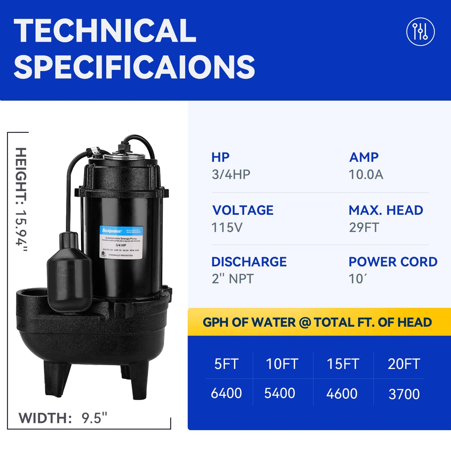 Acquaer Sewage Pump, Cast Iron, Automatic Tethered Float Switch, Sewage Effluent Pump for Sump Basin, Basement, Residential Sewage, 2'' NPT Discharge, Dark