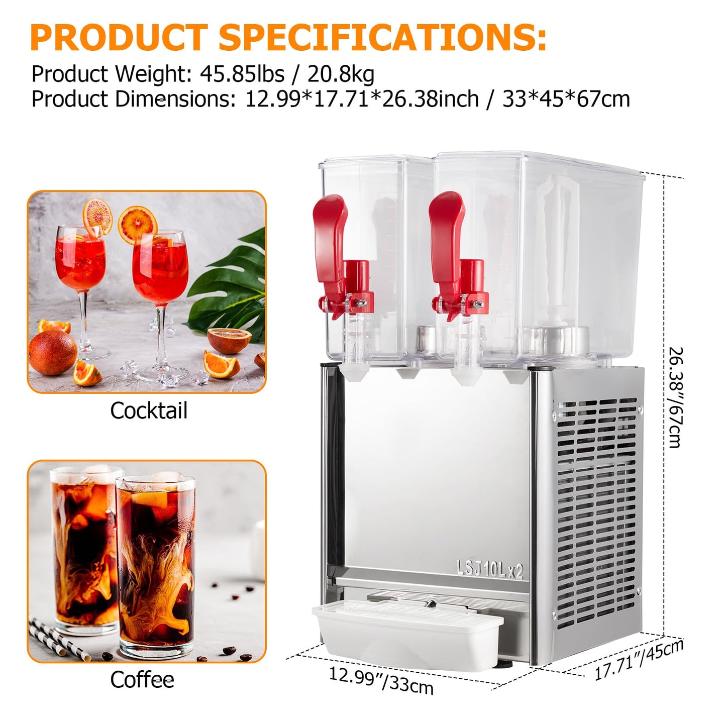 Commercial Beverage Dispenser, Towallmark 2 Tanks 5.28 Gallon 20L Commercial Juice Dispenser, 10 Liter Per Tank, 280W Stainless Steel Food Grade Ice Tea Drink Dispenser with Thermostat Controller