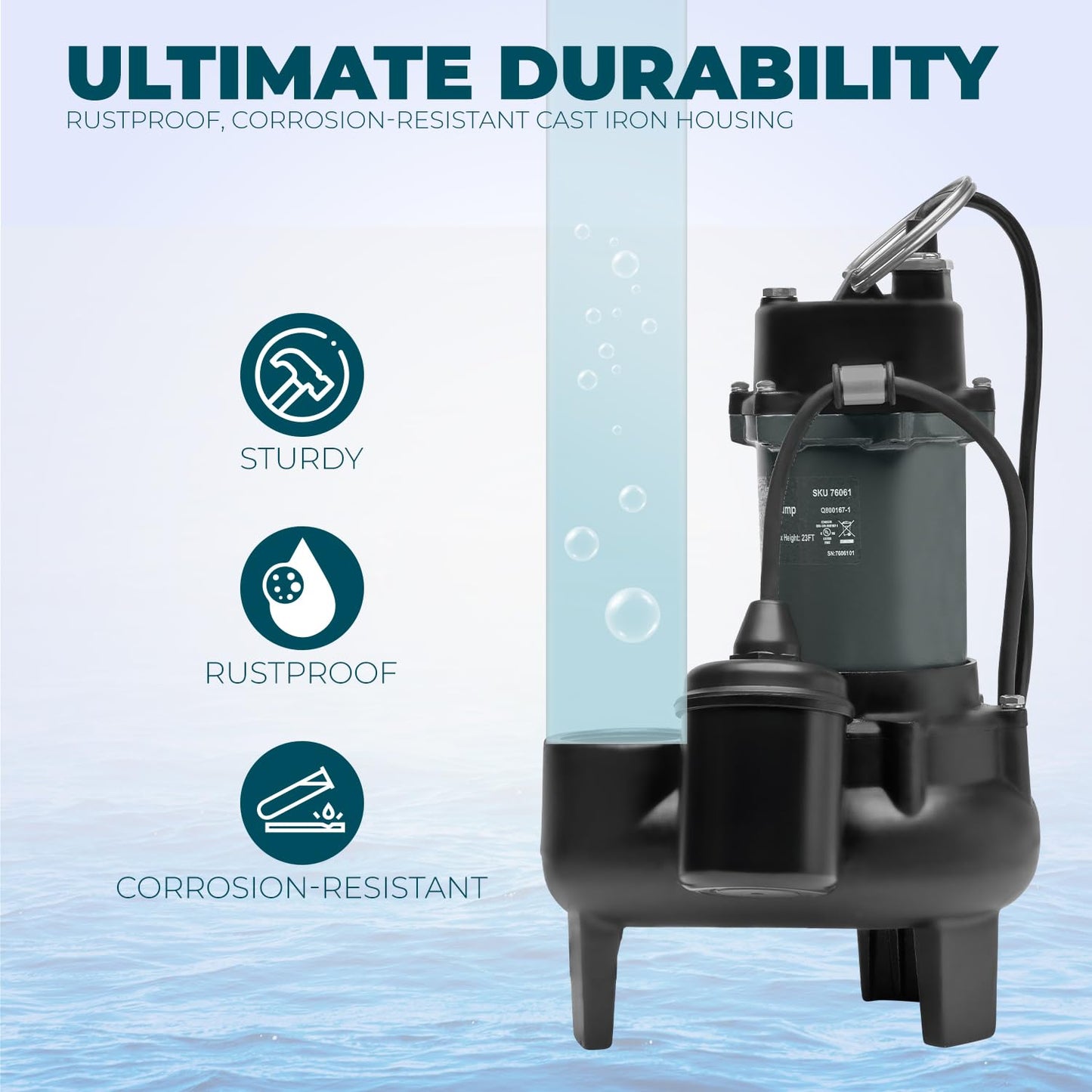 XtremepowerUS 1/2HP, 4860 GPH Larger-Flow Cast Iron Submersible Sump Sewage Pump with Tethered Float Switch, 10 ft. Cord Water Drain