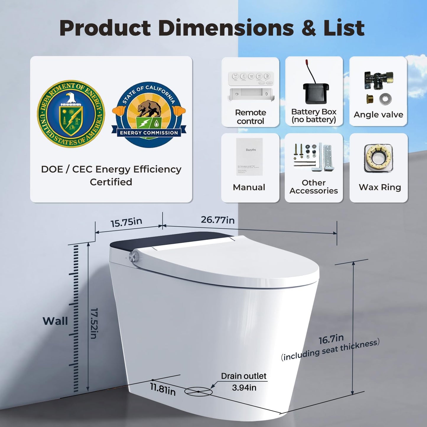 Bazyths Smart Toilet with Bidet Built in Tank, Auto Open Close Lid, Heated Seat Foot Sensor, Rear & Feminine Wash Warm Water Air Dryer Self Cleaning, 12" Rough In, One-Piece Elongated (ZY695A)