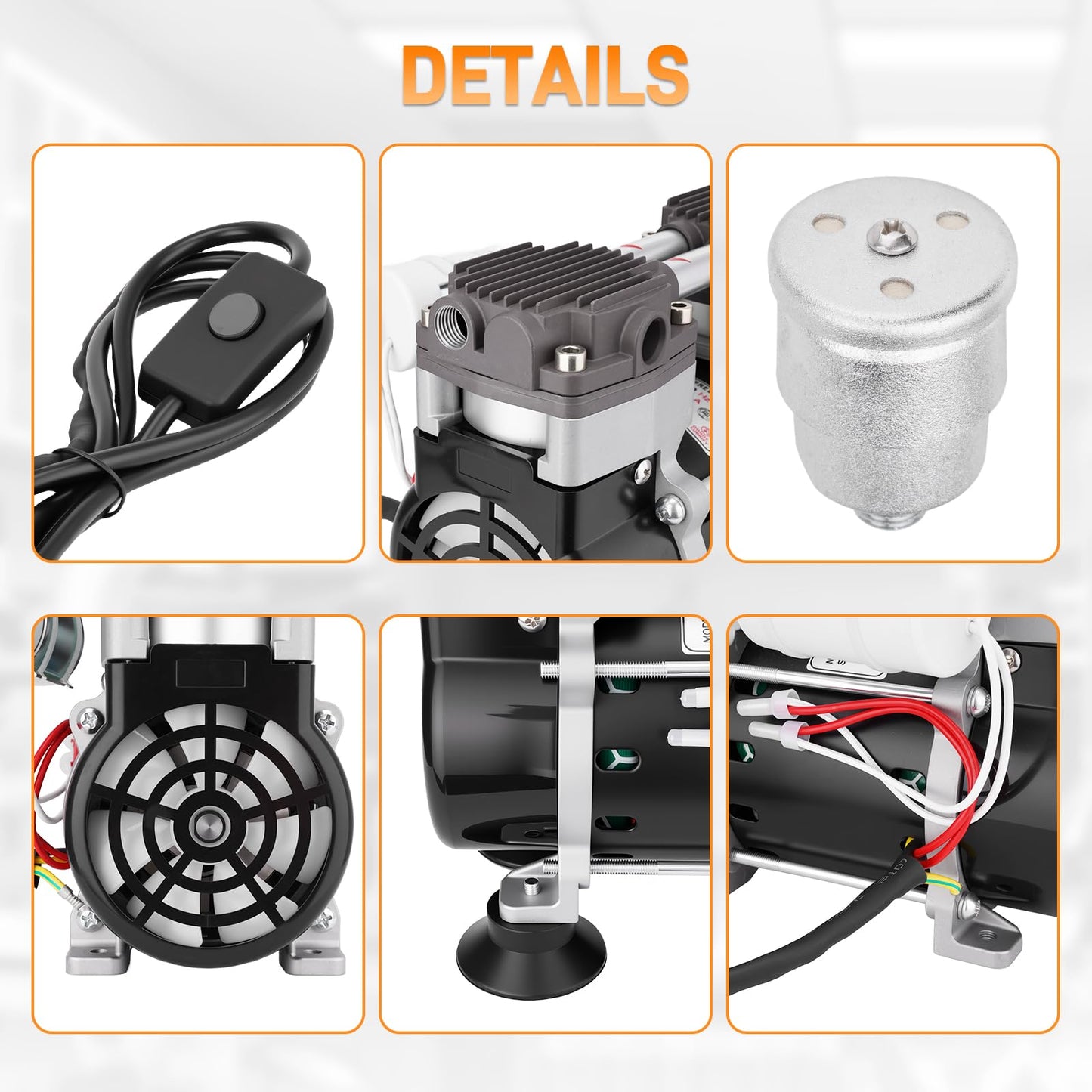 50L/Min Vacuum Pump 2 Holes Oilless Lab Pump with Switch Oil-Water Separator Pressure Gauge Connector Silencer Tape Rubber Feet for Laboratory Industry Home Low Noise and High Vacuum 110V 180w 60Hz