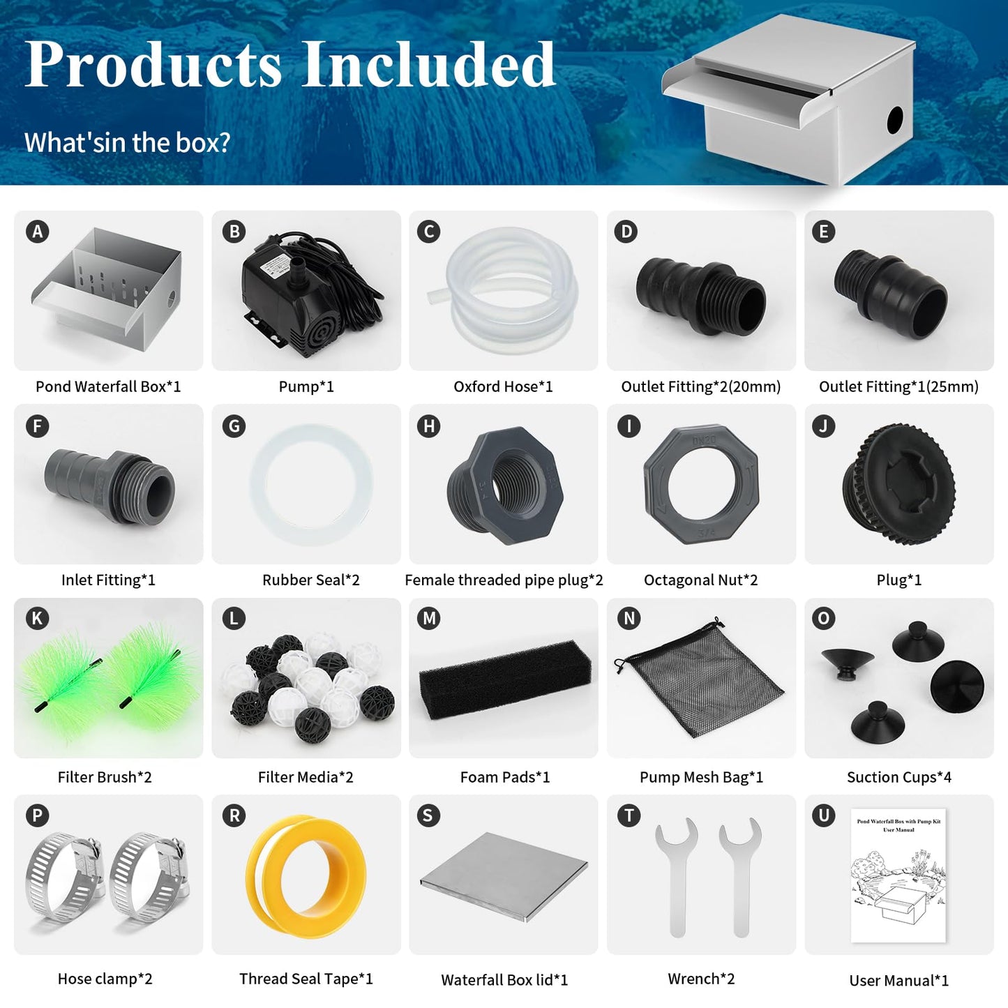 Pond Waterfall Spillway Kit with Filter Media & 800 GPH Pump, 304 Stainless Steel Waterfall Box, 9.8FT Hose, Complete Pond Kit for Outdoor Ponds, Koi Ponds, Fountain (8"L x 9.8"W x 5.1"H)