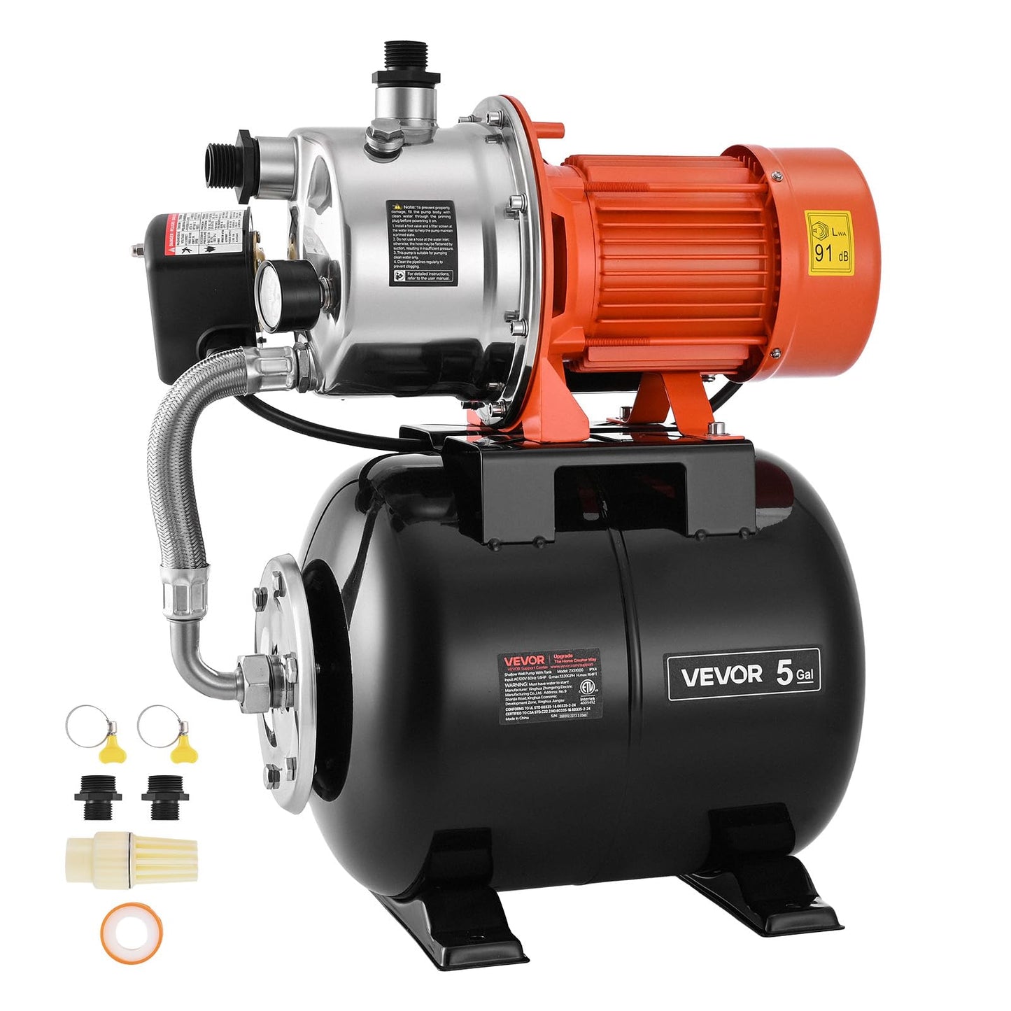VEVOR 1.6 HP Shallow Well Pump with Pressure Tank, 120V 1320 GPH, Stainless Steel Irrigation Jet Pump with 5-Gal Pressure Tank, Automatic Water Booster System, for Home Garden Lawn, Potable Water