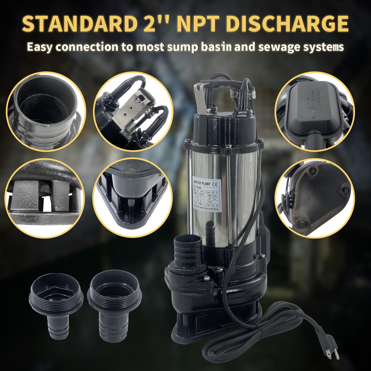 Submersible Sewage Sump Pump, 3/4HP 115V, 6868 GPH Stainless steel Sewage Pump Automatic Float Switch, 2'' NPT Discharge, 10FT Cable for Basement Sump Basin & Sewage Pit