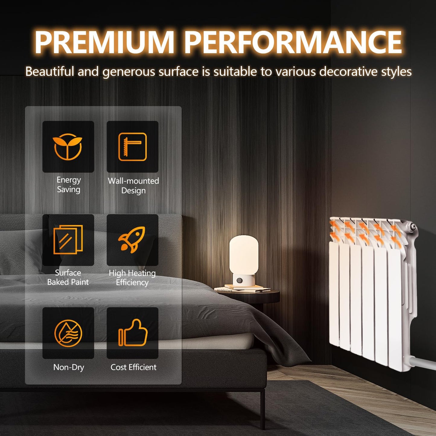 Quiet Energy Saving Hot Water Radiator, 6-Panel Wall-Mounted Aluminum Radiator Heater for Kitchen, Bathroom and Bedroom