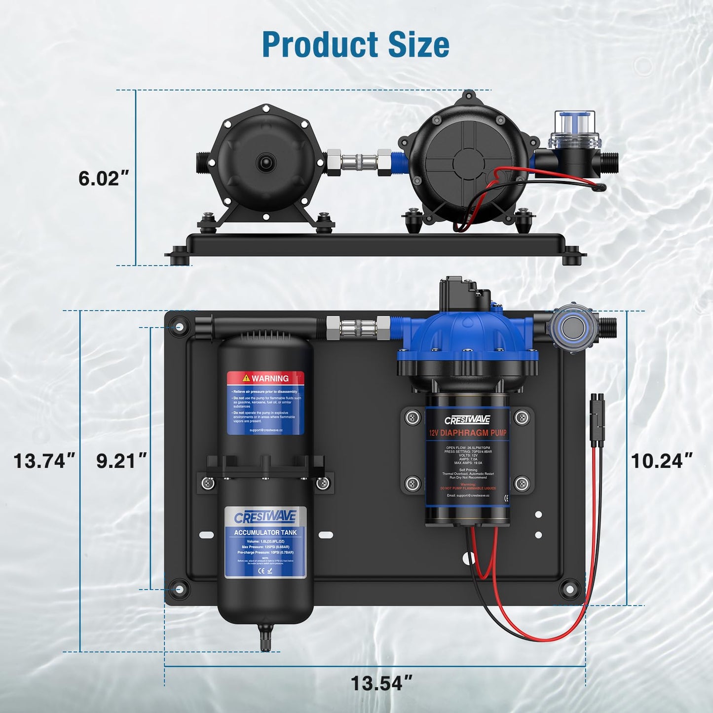 CrestWave RV Water Pump 12V DC 7GPM 70PSI and 1L 125PSI Pre-Pressurized Accumulator Tank, Quiet RV Water Pump and Accumulator Tank System for RV Camping, Boat, Kitchen, Bathroom