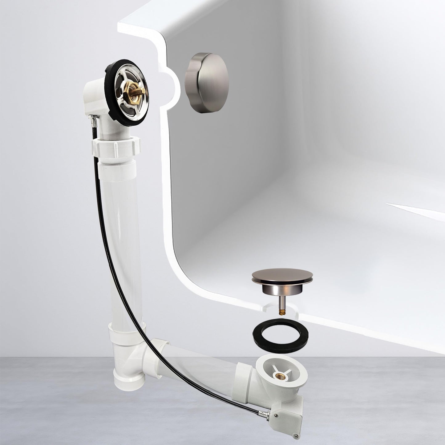Westbrass Sch. 40 PVC 27 in. Cable Drive Bath Waste - Ball Joint Head, Satin Nickel, D50P27BJ-07