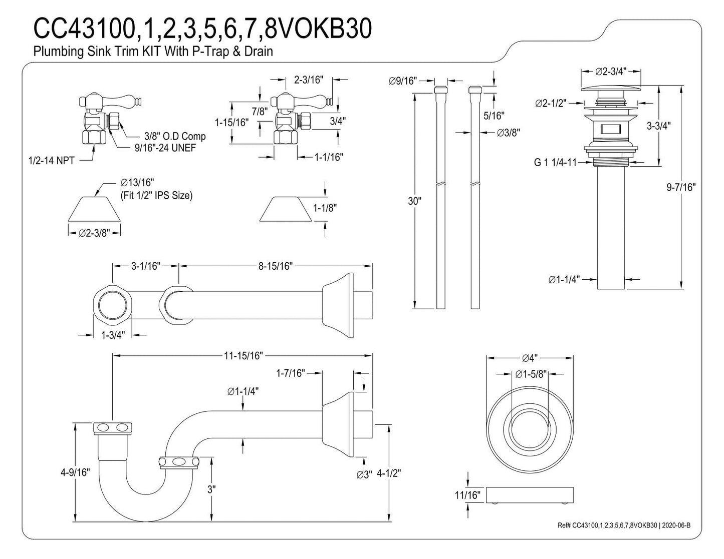 Kingston Brass CC43107VOKB30 Trimscape Traditional Plumbing Sink Trim Kit with P-Trap and Overflow Drain in Brushed Brass