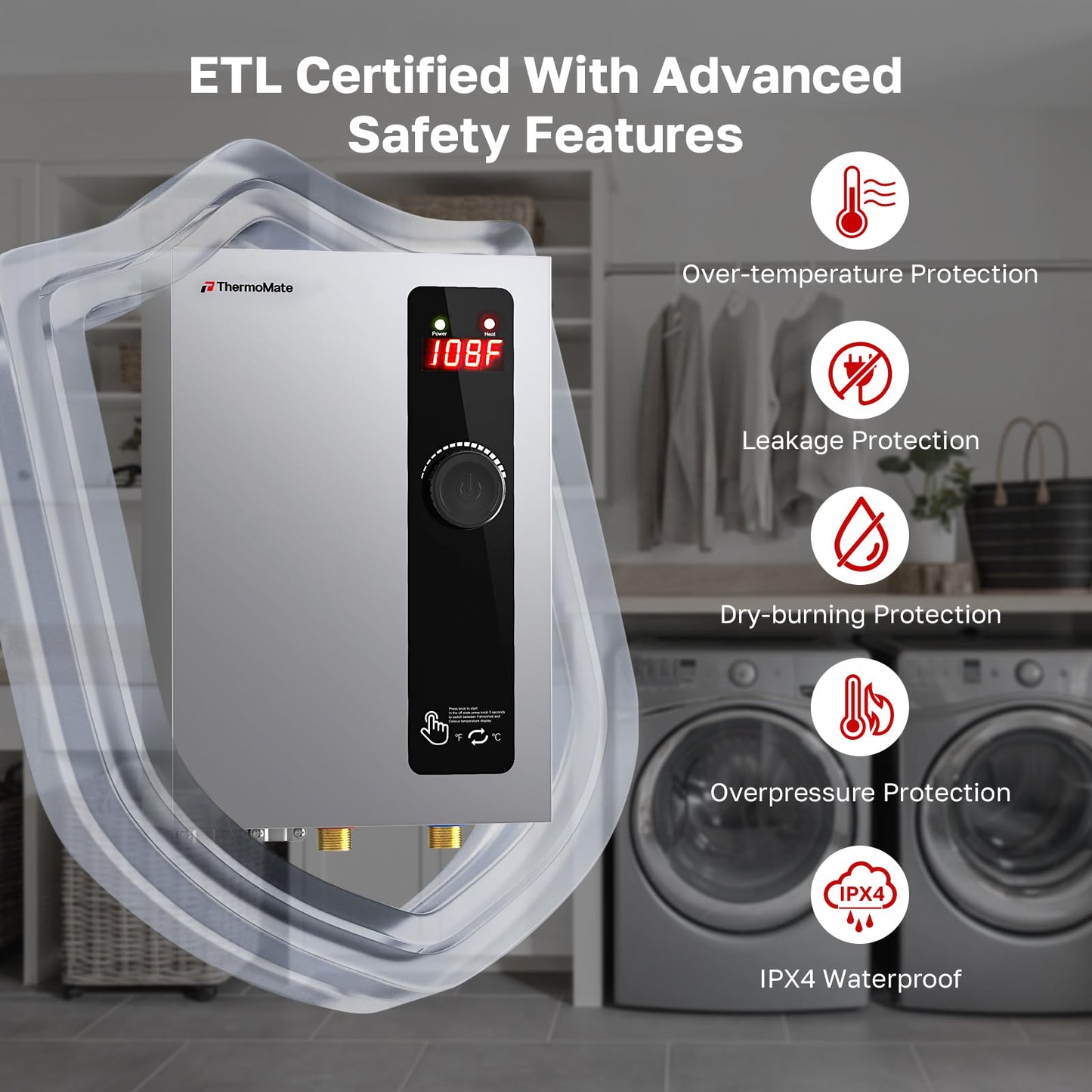36kW Tankless Water Heater Electric, ThermoMate On Demand Instant Hot Water Heater 240 Volt, Max 8.0 GPM Self-Modulating for Whole House, ETL Certified for Residential Indoor Shower