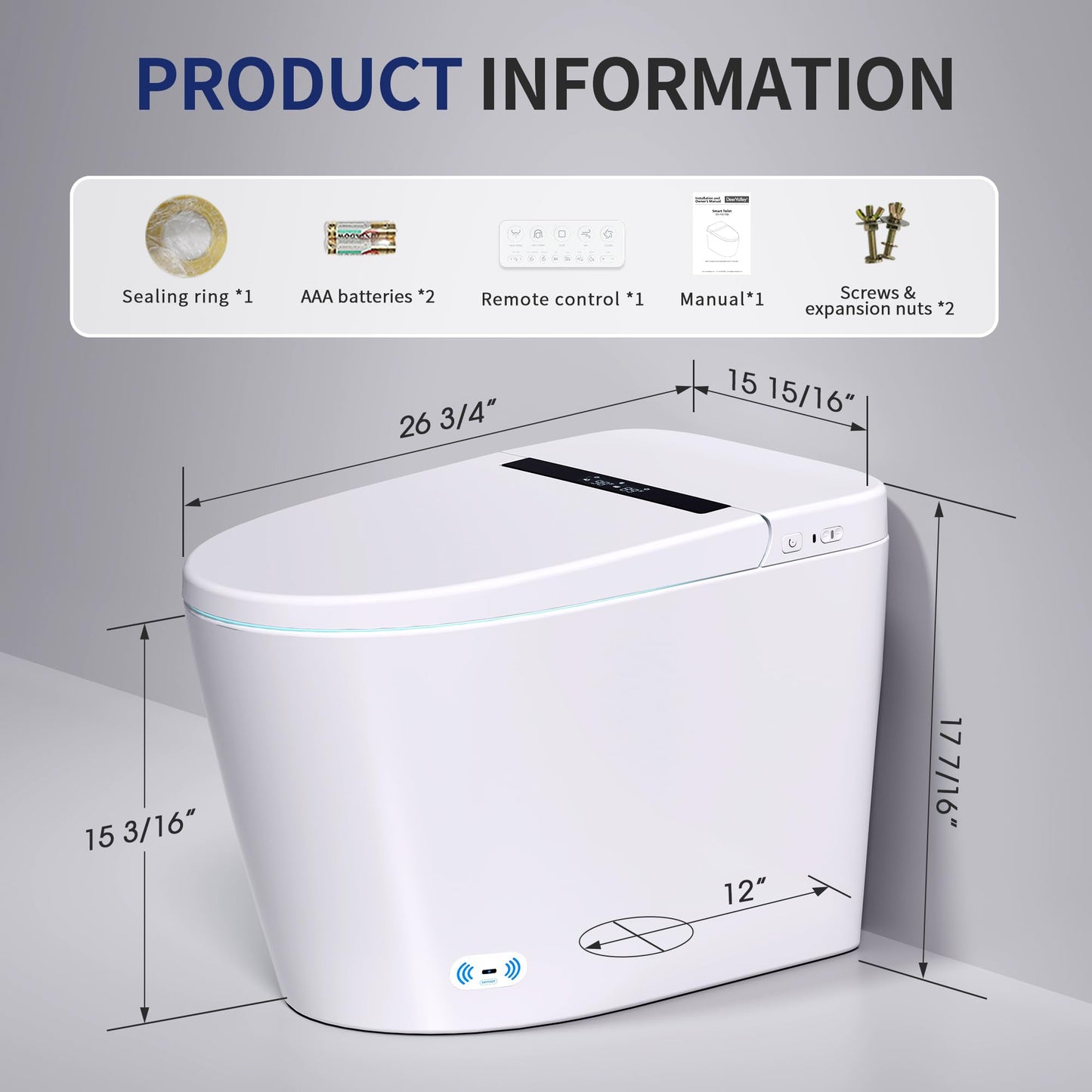 DeerValley Luxury Smart Toilet with Bidet Built in Bubble Wash, Auto Open/Close Lid Water Filter Instant Heated Seat Dryer, Soft-Close Modern Japanese One-Piece Toilet with Night Light for Bathrooms