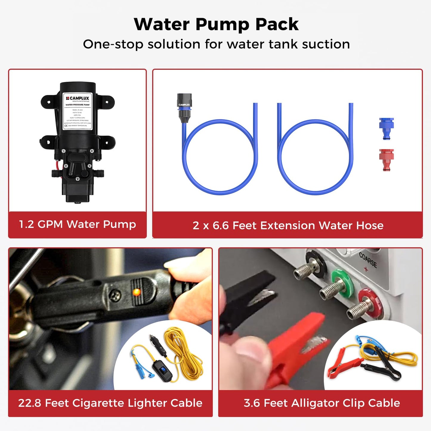 CAMPLUX Portable Propane Water Heater & Pump Kit, 1.32 GPM Tankless Gas Shower System with 12V Pump, Long Power Cables & Extension Hoses, Instant Hot Water for Off-Grid Camping, RV, AY132P43, White
