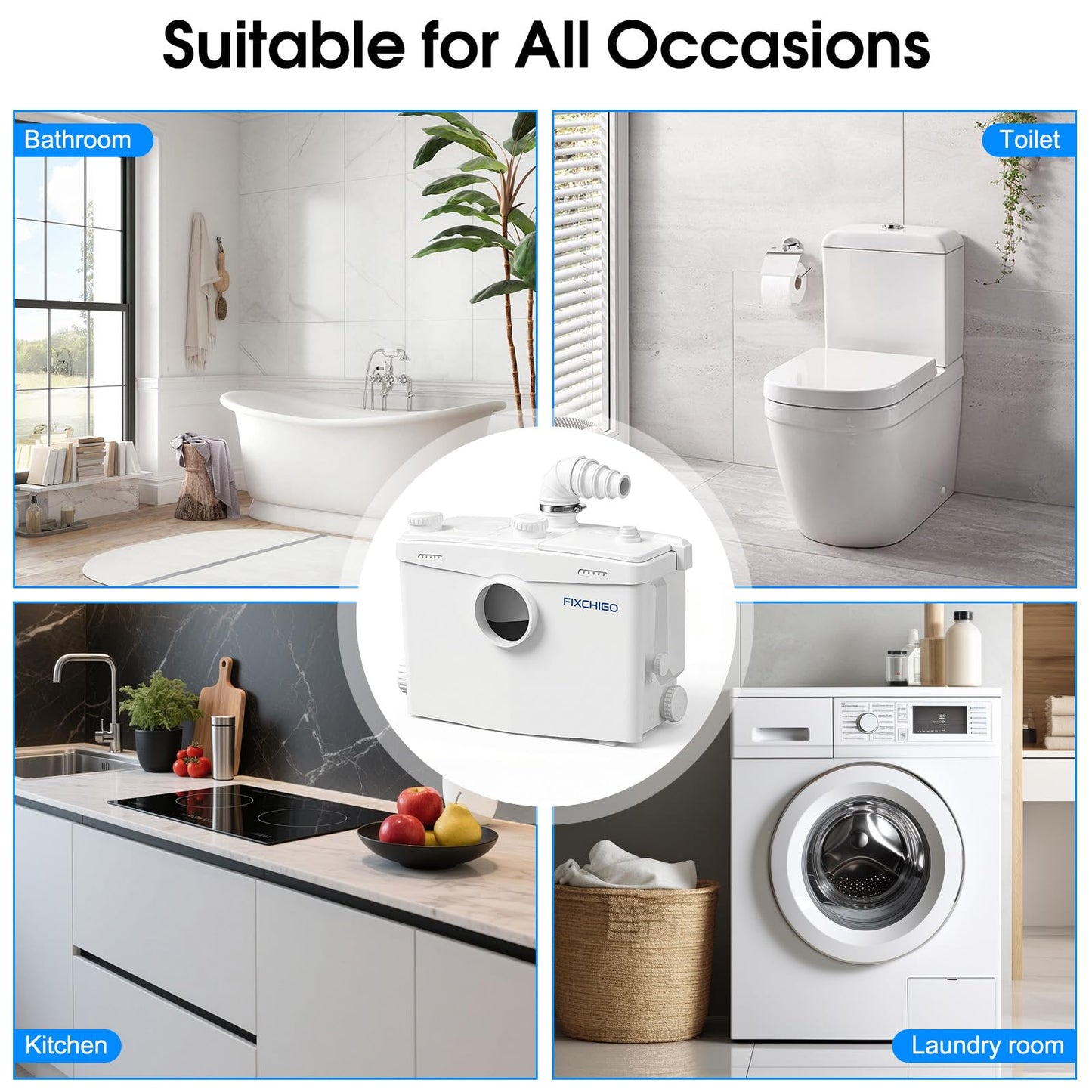 FIXCHIGO 1500W Macerator Pump, Macerating Toilet System with 4 Inlets/2 Outlets, 48 GPM Flow, 42.7 FT Head, PCB Smart Control Sewage Pump for Basement, Sink, Toilet, Laundry, Kitchen