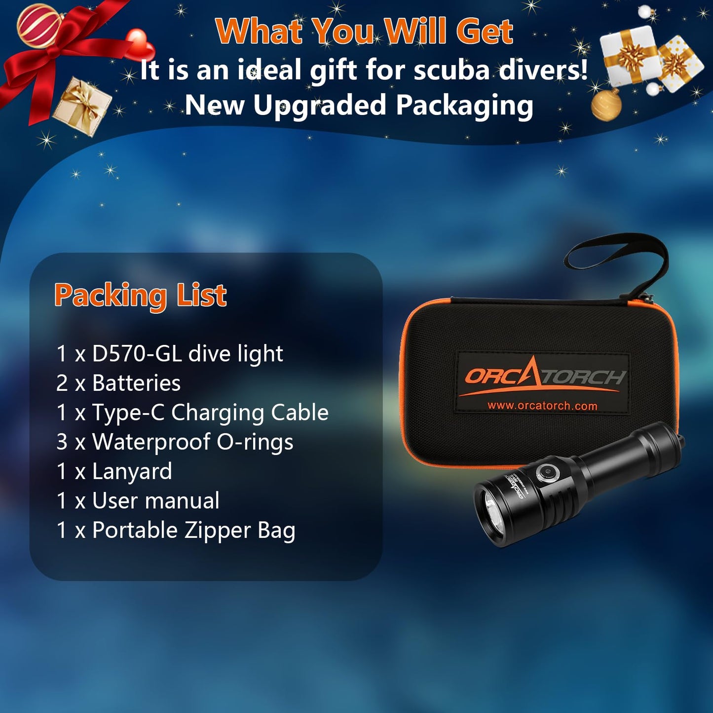 ORCATORCH D570-GL 2.0 2-in-1 Scuba Diving Signal Light 1500 Lumens Underwater Flashlight, 1000M Green Beam and White LED Combo, Rechargeable Battery for Night Dive Training Instructor Cave Exploration