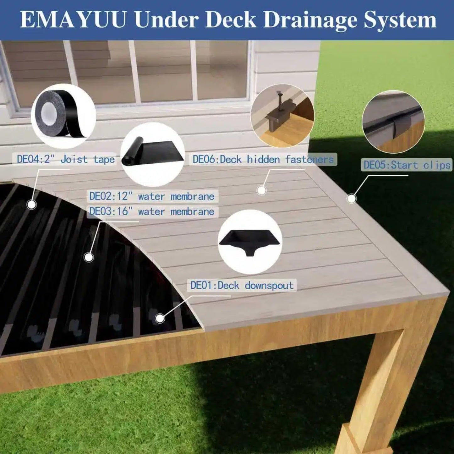 Emayuu 16PCS Black downspouts for Under Deck Drainage System, PE Deck downspouts Use for 12"&16" Joist Spacing DE01