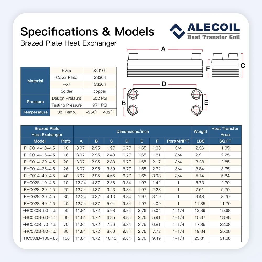 ALECOIL 4"x12"-10 Plates Heat Exchanger with 1" MPT Port Water to Water 316L Stainless Steel Brazed Plate Heat Exchanger for Water Heating, Floor Heating, Industrial and Commercial Refrigeration