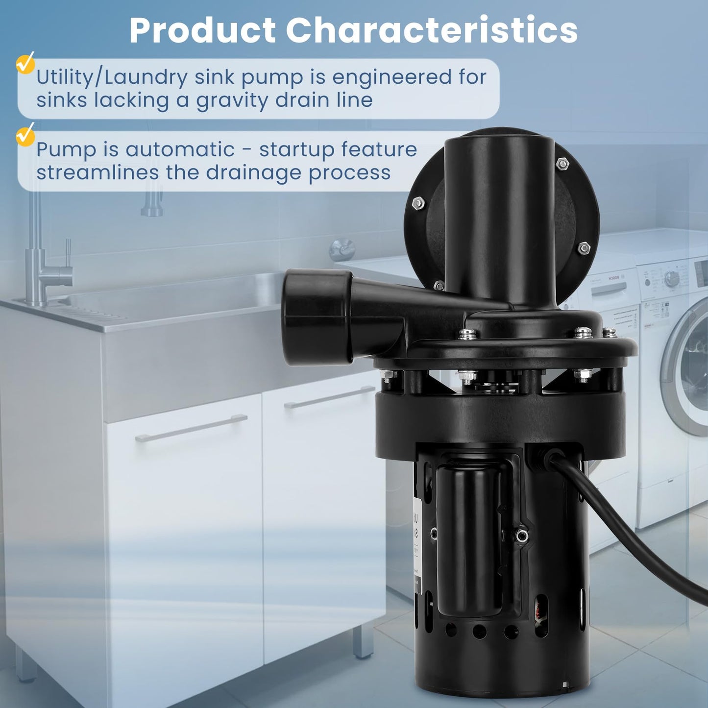 Automatic Utility Sink Pump Installed Directly Under Sink Gravity-free Drainage Heavy-Duty Thermoplastic 115V Includes Drain Screen Check Valve & Ball Valve