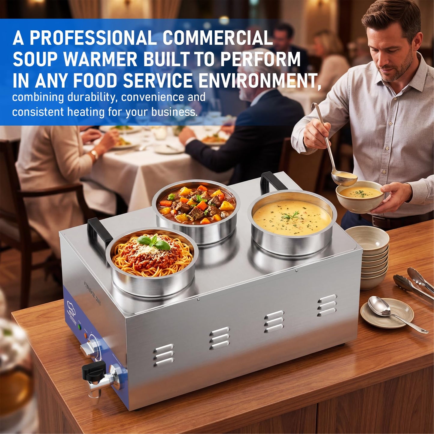 TOPKITCH ETL Listed Commercial 12L Soup Warmer with 3×4L Pot,Drain,Seamless One-piece Tank,86-185℉ Adjustable Thermostat,TempLimiter-120V/1200W Commercial Bain Marie Electric Food Warmer