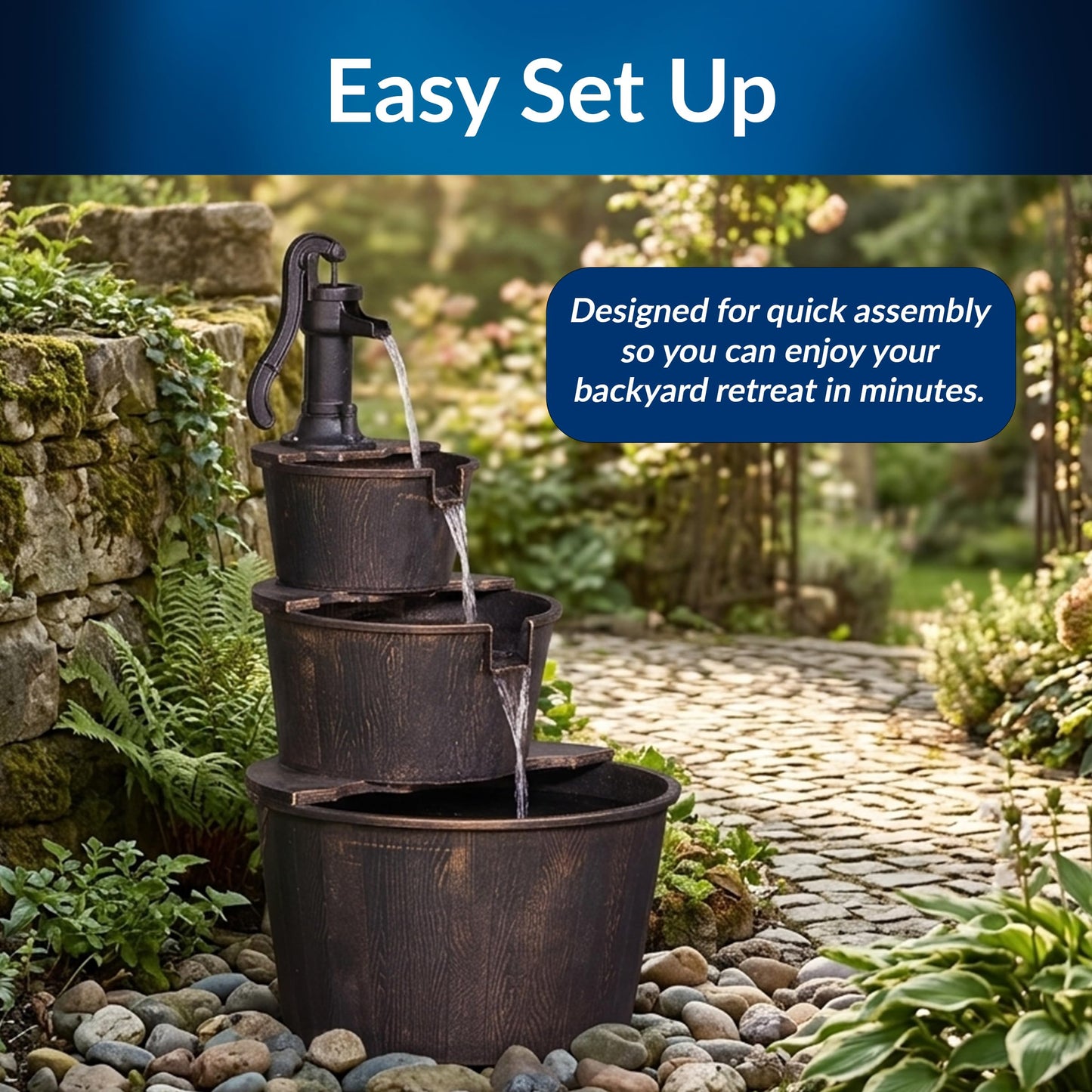 Alpine Corporation 40" Tall Outdoor Floor Tiered Rustic Pump and Barrel Water Fountain, Old-Fashioned Waterfall for Garden, Patio, Yard Decor, Dark Brown