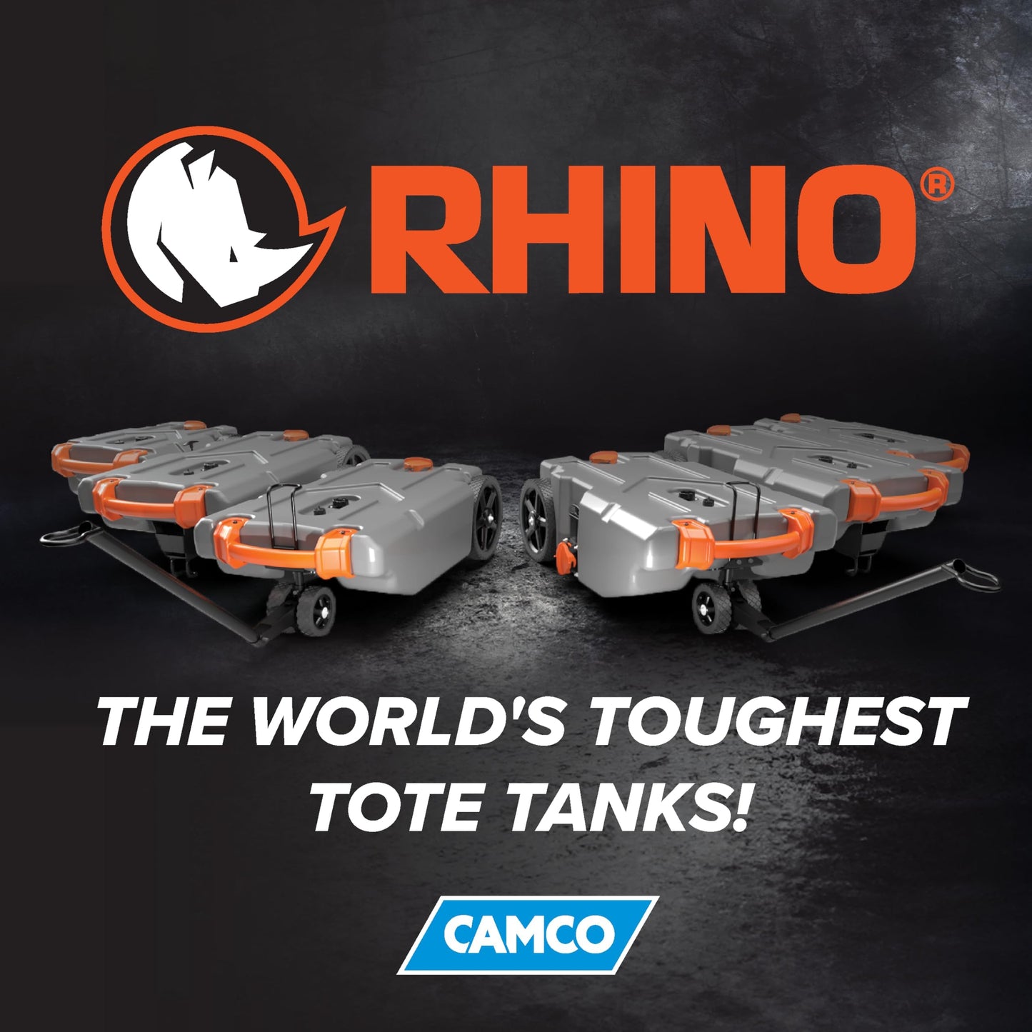 Camco Rhino 28-Gallon Portable RV Tote Tank - Features 2 Steerable No-Flat Front Wheels & Built-in Gate Valve - Includes Removable 24" Tow Bar, 3’ Sewer Hose & More RV Accessories (39005)