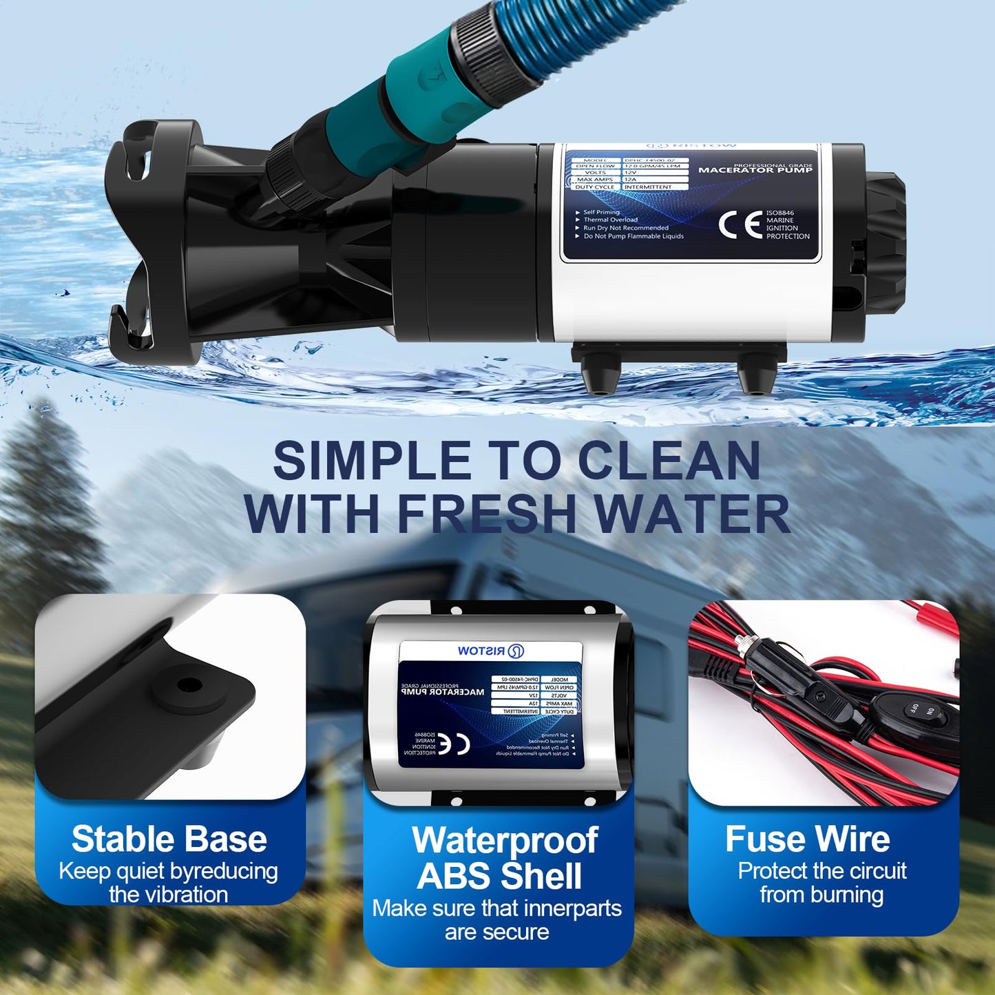RV Macerator Pump 12V, 12GPM RV Waste Water Pump Self-Priming Sewer Pump with Garden Hose Discharge Port, Quick Release Sewage Pump with 10FT Tubing