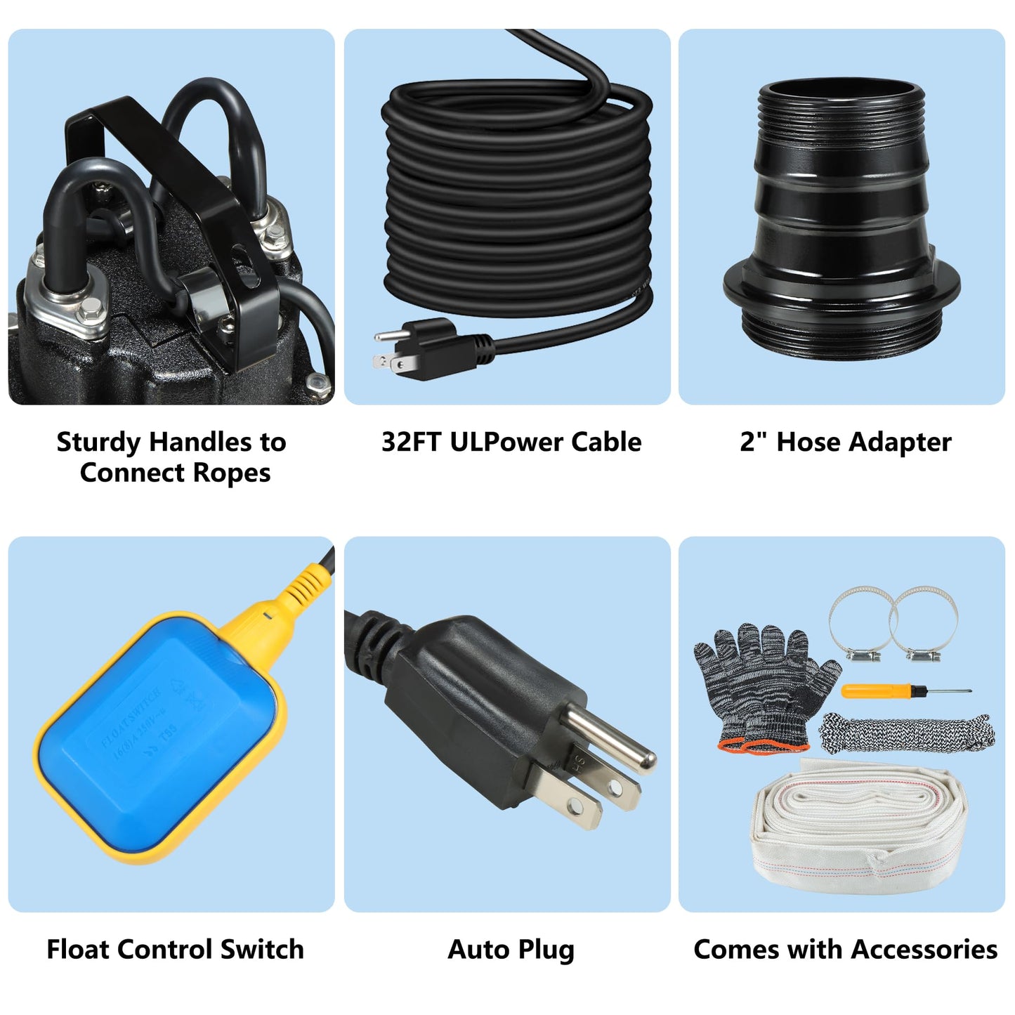 Sewage Grinder Pump, 1HP Sump Pump Submersible 110V 6400GPH 40Ft Max Head, Stainless Steel Cast Iron Effluent Pump with Auto Float Switch 2'' NPT for Basement Basin Sewage Well Pond Swimming Pool