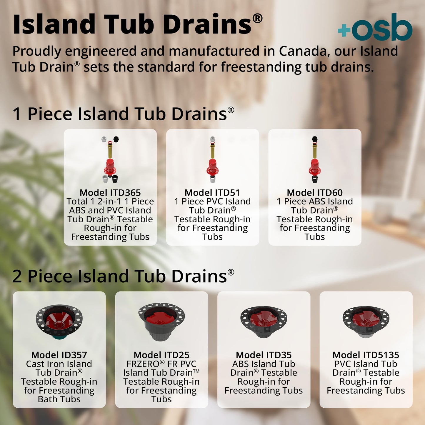 OS&B ITD25 FRZERO Fire Rated PVC Island Tub Drain Kit for Freestanding Tubs, Rough-in for Easy Installation, Compatible for Non-Combustible Buildings, Testable Bathtub Drain for 8"/10" Joist Space