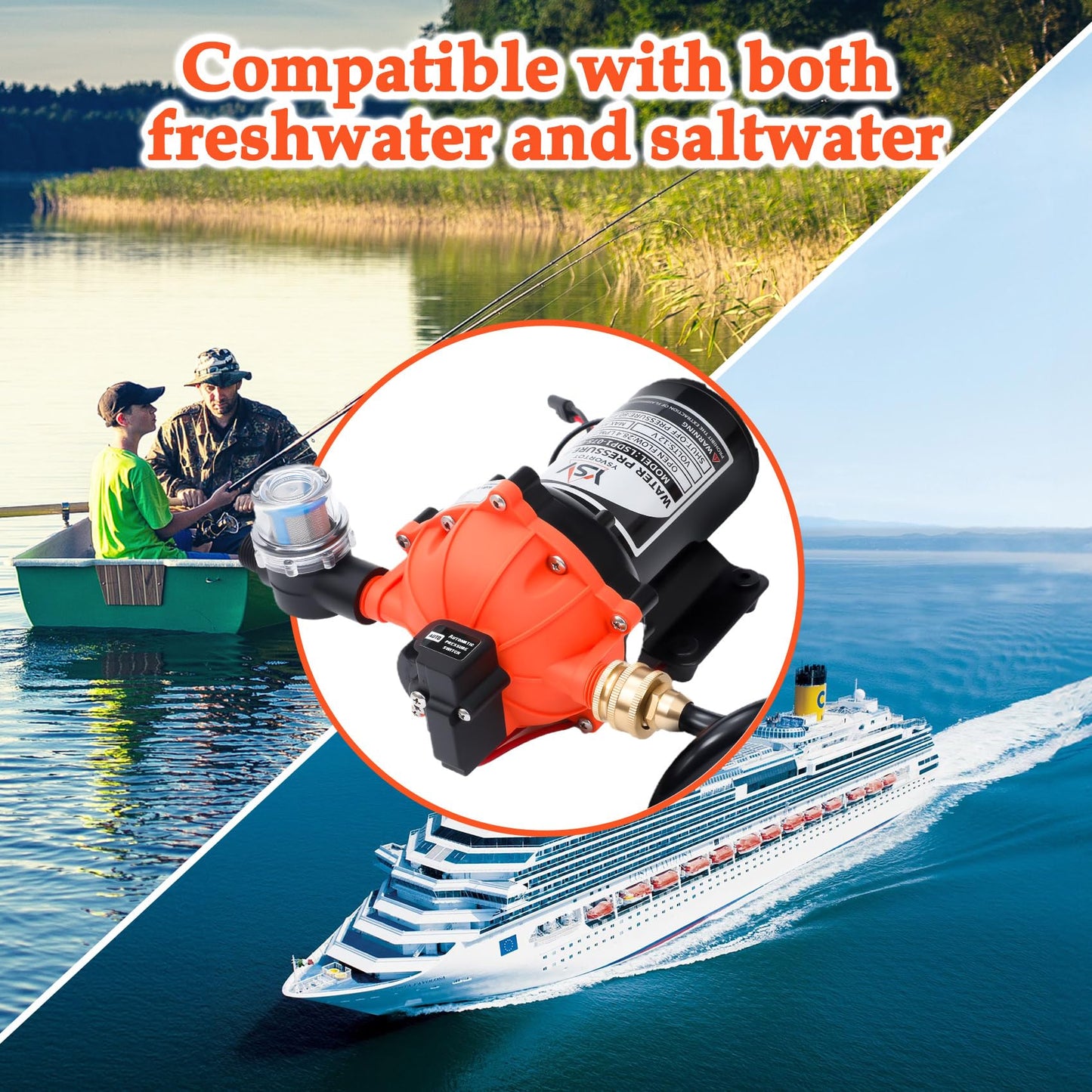 80PSI 7.5 GPM Washdown Deck Wash Pump Kit - 12V Self-Priming Marine/RV Water Pump with Strainer & Pressure Switch, for Boats, Yachts, Campers, Travel Trailers & Sprayers