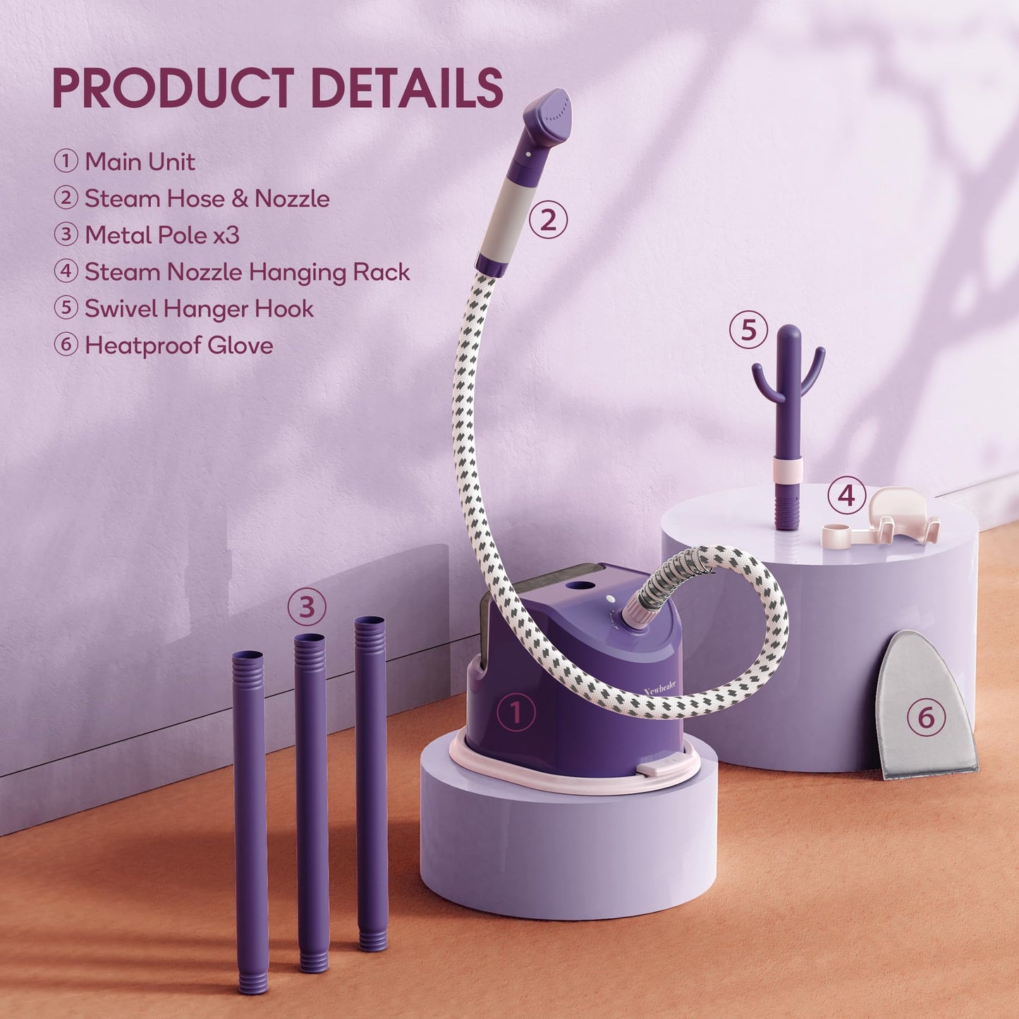 Newbealer Standing Garment Steamer - 1500W Full-Size Vertical Clothes Steamer with Foot Pedal, 57.5oz (1.7L) Large Water Tank, 45s Fast Heat-Up, 50-Min Powerful Steaming, Auto-Off (Purple)