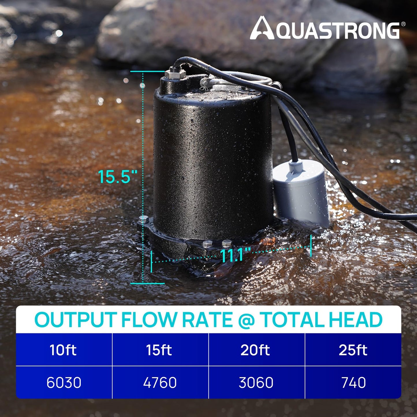 Aquastrong Cast Iron Sewage Pump 1/2HP Effluent Pump 115V 6030 GPH Sump Pump with Auto Float Switch, Ideal for Basement Sump Pits, Industrial Wastewater - Commercial-Grade Sewage System