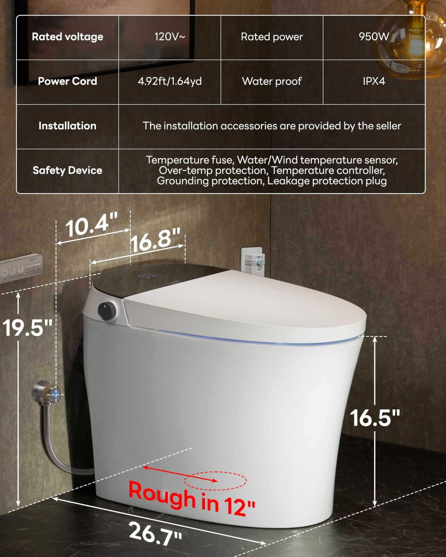 CANEST Smart Toilet, Smart Toilet with Bidet Built in, ADA Comfort Height, Intelligent Temp Control, Foot Sensor Operation, Warm Water, Heated Seat, Air Dryer, Digital Display (TC-100GE)