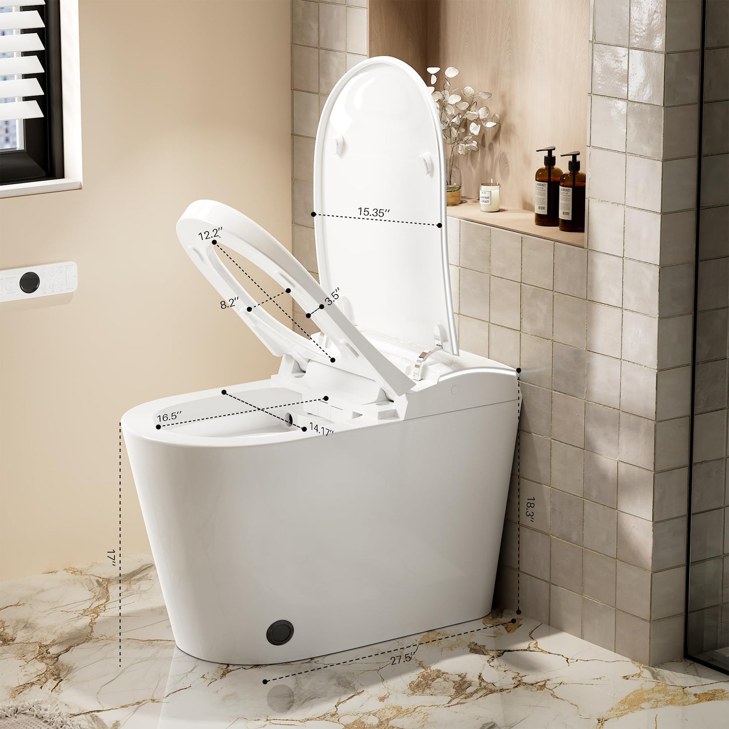 WinZo Smart toilet with bidet built in, Heated Seat,Female Cleaning, Warm Water & Dry Function, Modern Tankless Toilets, ADA Comfort Height Toilet, LED Display, Foot Sensor, 1.28GPF, 1000g MAP Flush