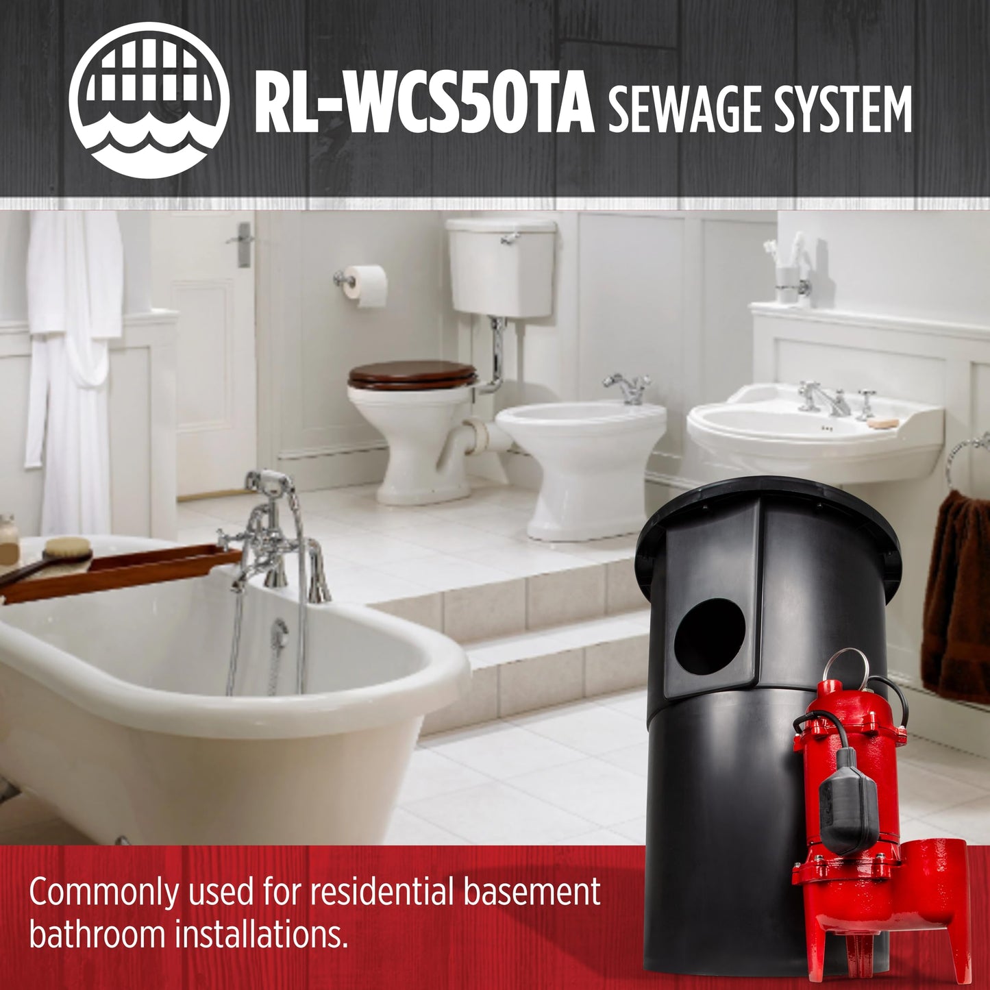 Red Lion RL-WCS50TA 115 Volt, 1/2 HP, 5600 GPH Automatic Sewage System with Cast Iron Pump and 18-inch x 30-inch Basin, Red/Black, 14942749