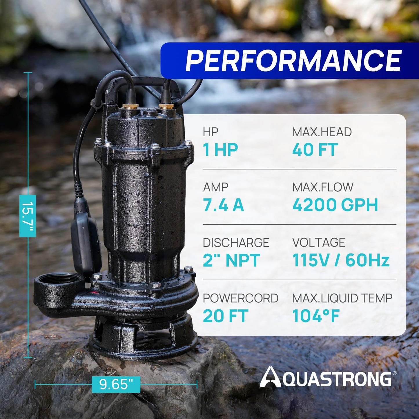 Aquastrong 1 HP Sewage Grinder Pump, 4200 GPH Sewage Pump 2 inch Discharge, Cast Iron Sump Pump Submersible with Auto Float Switch for Basement Sump Basin and Sewage Well, Black