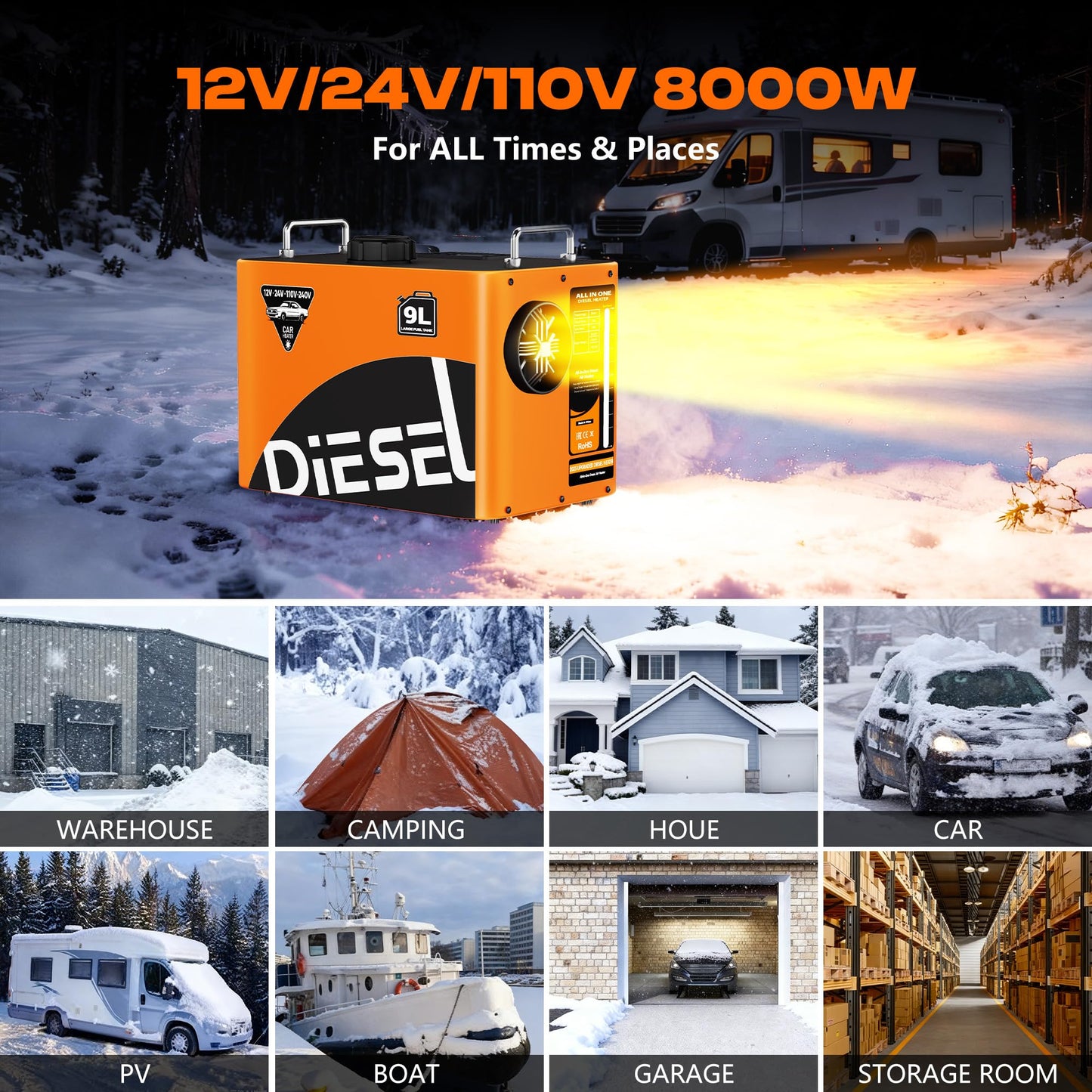 9L Large Diesel Heater, 8KW 240V/110V/12V/24V All in One Diesel Air Heater with LCD Switch, Remote Control, Suitable for Truck, RV, Home, Car, Campers, Boat, Orange