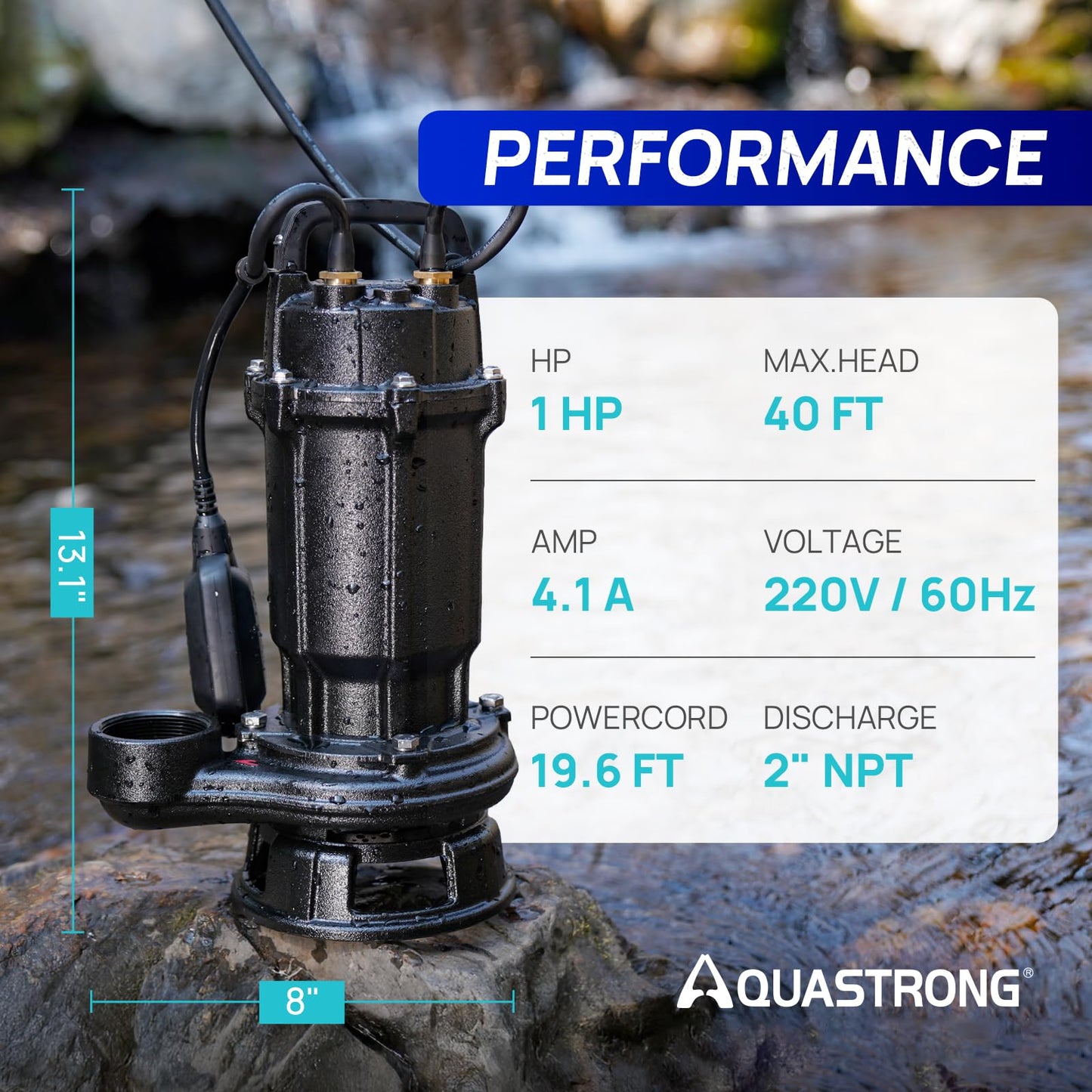 Aquastrong 1 HP Sewage Grinder Pump, 4200 GPH Sewage Pump 2 inch Discharge, Cast Iron Sump Pump Submersible with Auto Float Switch for Basement Sump Basin and Sewage Well, Dark