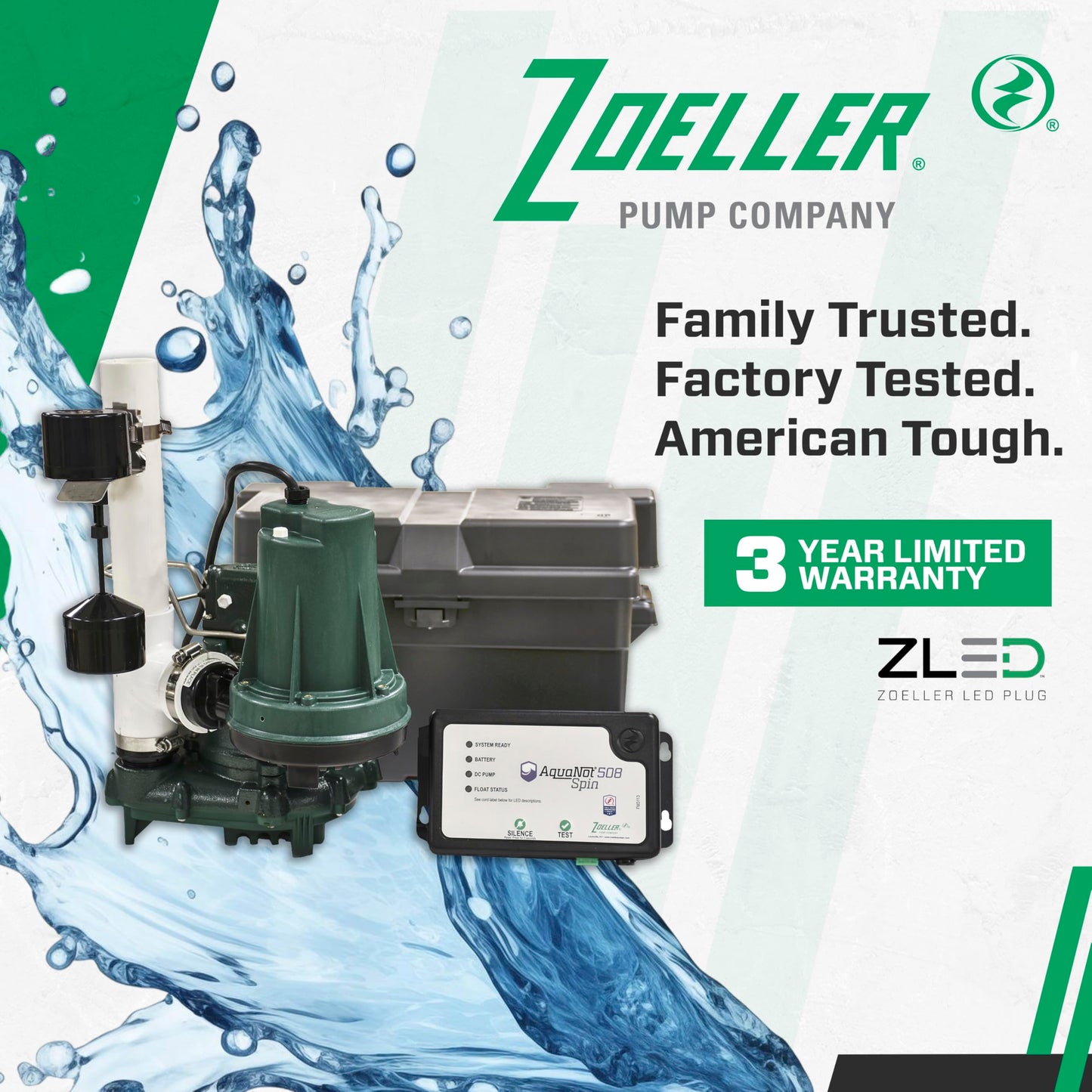 Zoeller 508-0006 AquaNot Spin 508 ProPak – Complete Sump Pump System with M53 Primary Pump & 12 V Battery Backup, Self-Testing, Check Valve & Float Switch - Basement Flood Protection